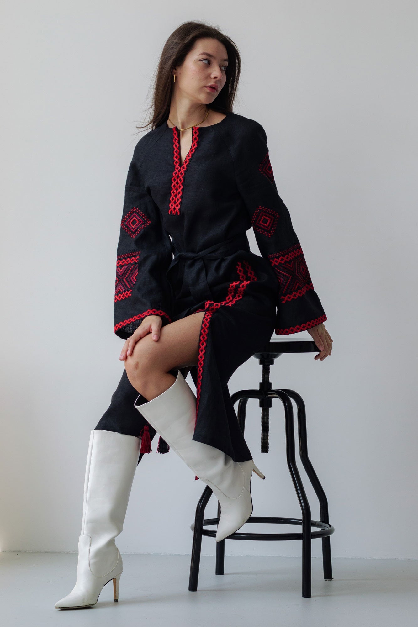 Black Linen Vyshyvanka Dress for Mother's Day