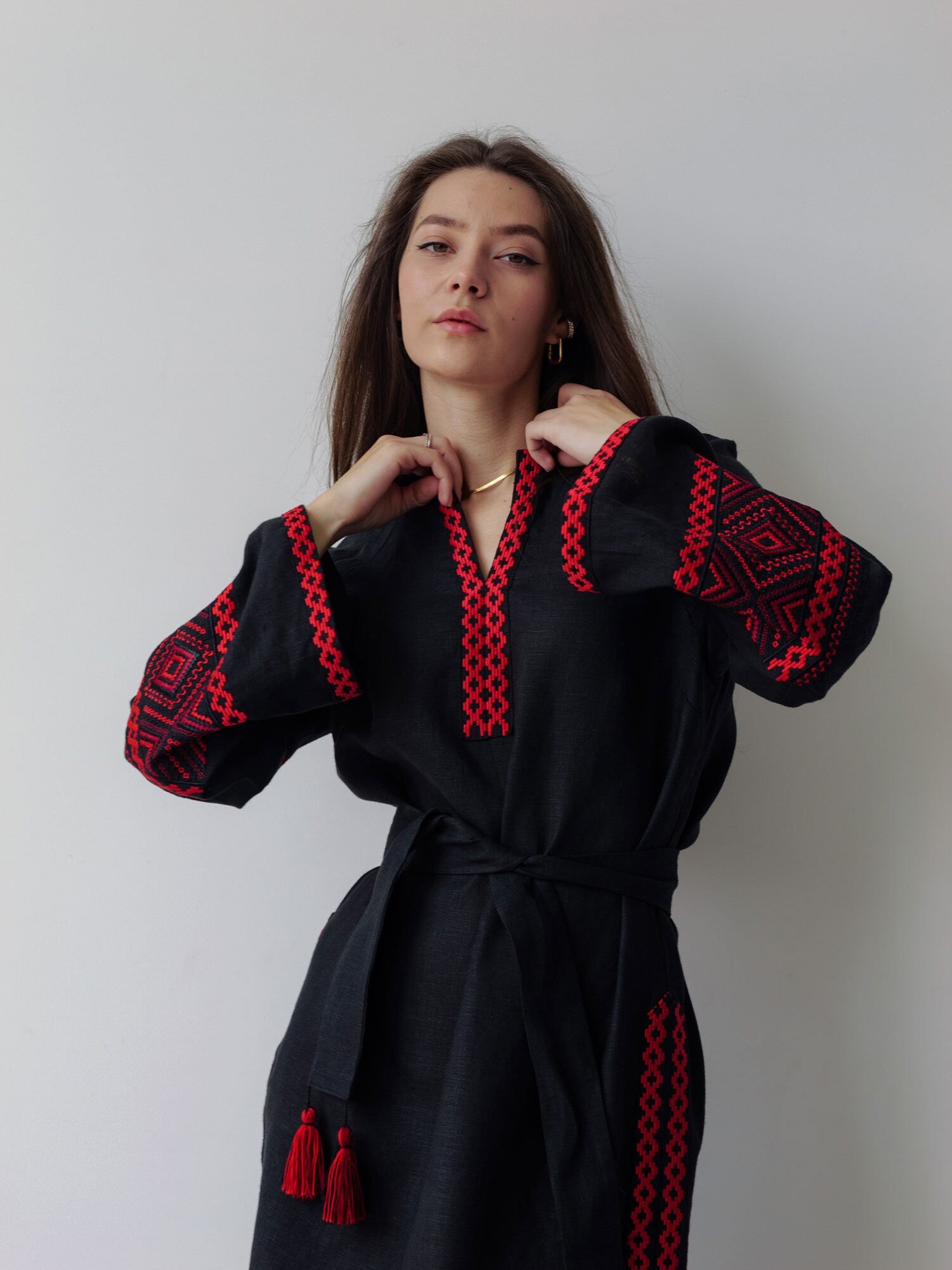 Black Linen Vyshyvanka Dress for Mother's Day