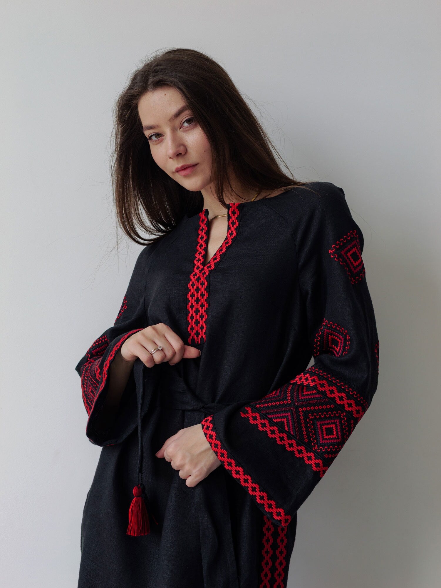 Black Linen Vyshyvanka Dress for Mother's Day