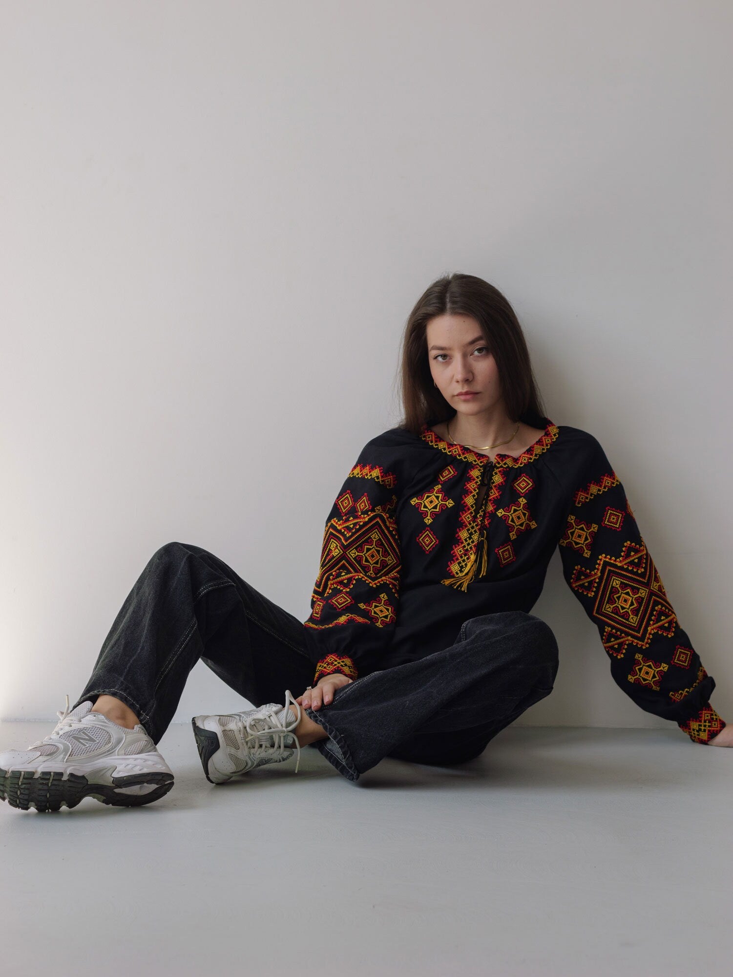 Black Ukrainian Embroidered Vyshyvanka Blouse with Red and Yellow Boho Chic Embroidery