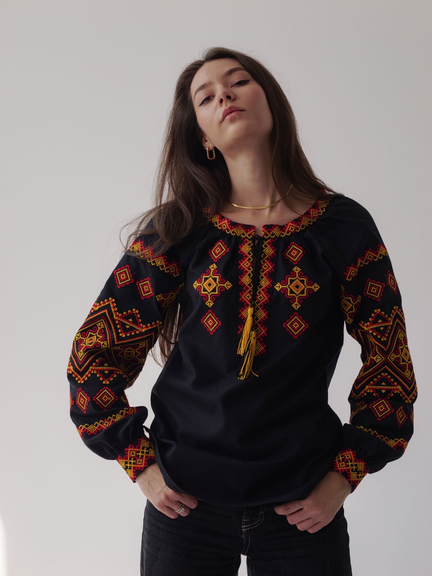 Black Ukrainian Embroidered Vyshyvanka Blouse with Red and Yellow Boho Chic Embroidery