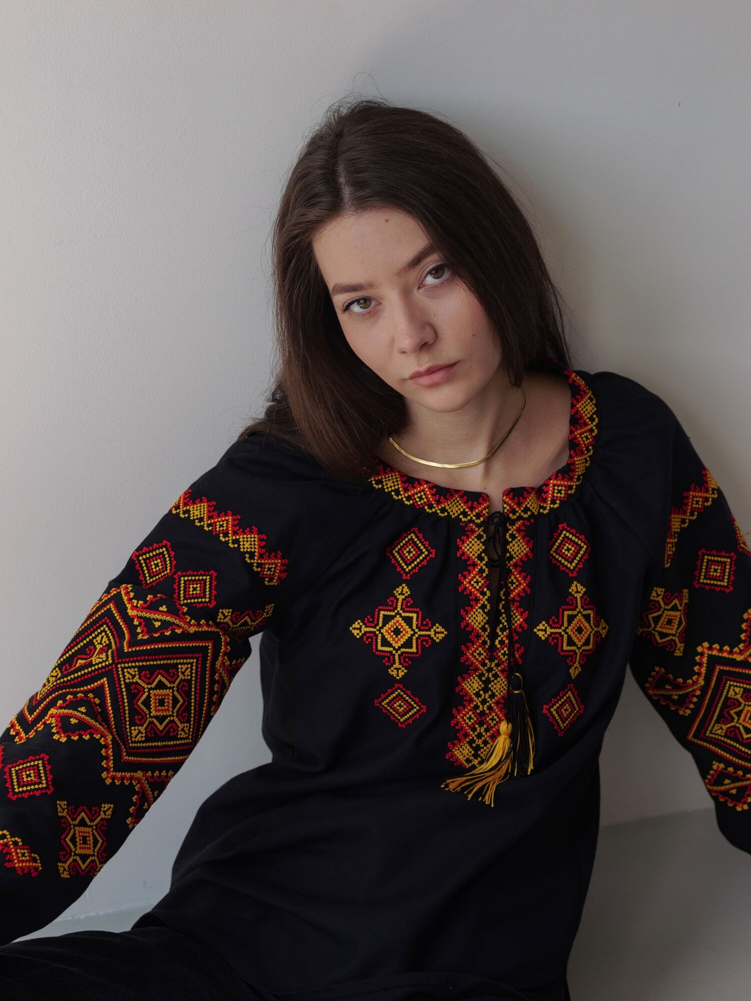 Black Ukrainian Embroidered Vyshyvanka Blouse with Red and Yellow Boho Chic Embroidery