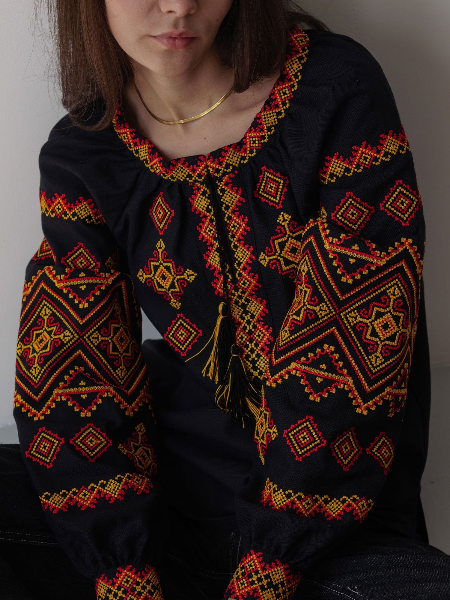 Black Ukrainian Embroidered Vyshyvanka Blouse with Red and Yellow Boho Chic Embroidery