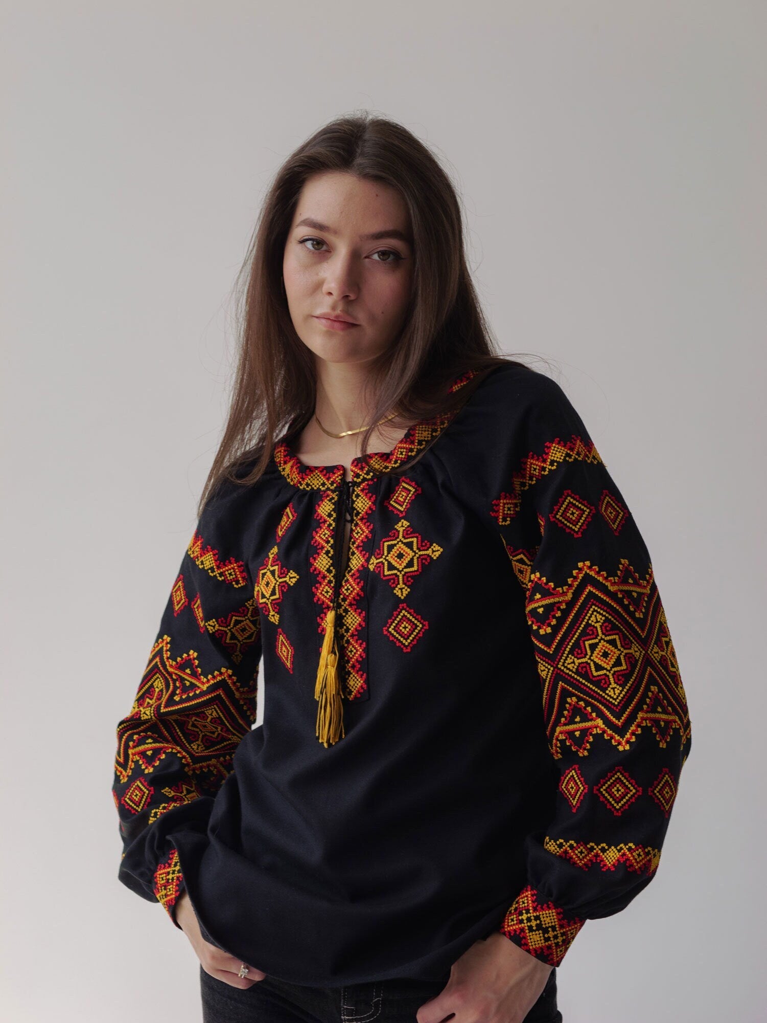 Black Ukrainian Embroidered Vyshyvanka Blouse with Red and Yellow Boho Chic Embroidery