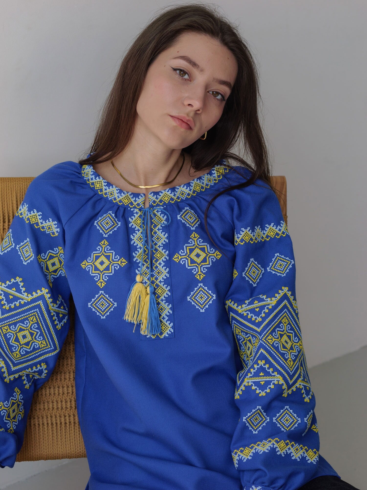 Ukrainian Vyshyvanka Blue Blouse with Embroidery | Bohemian Ethnic Shirt