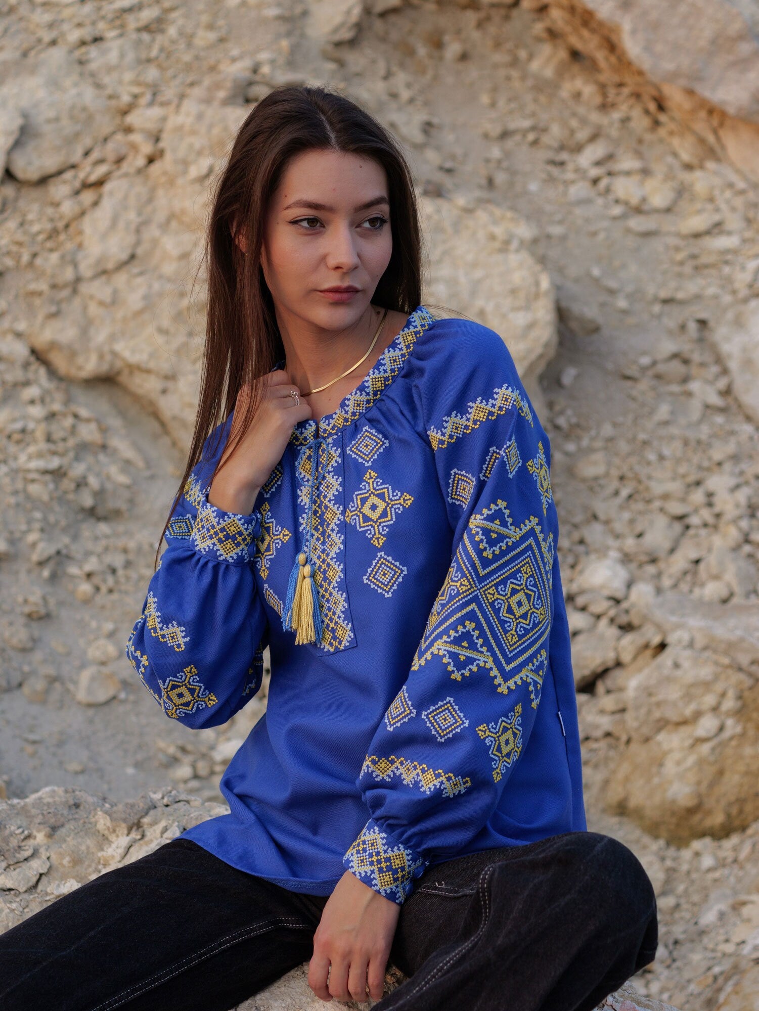 Ukrainian Vyshyvanka Blue Blouse with Embroidery | Bohemian Ethnic Shirt