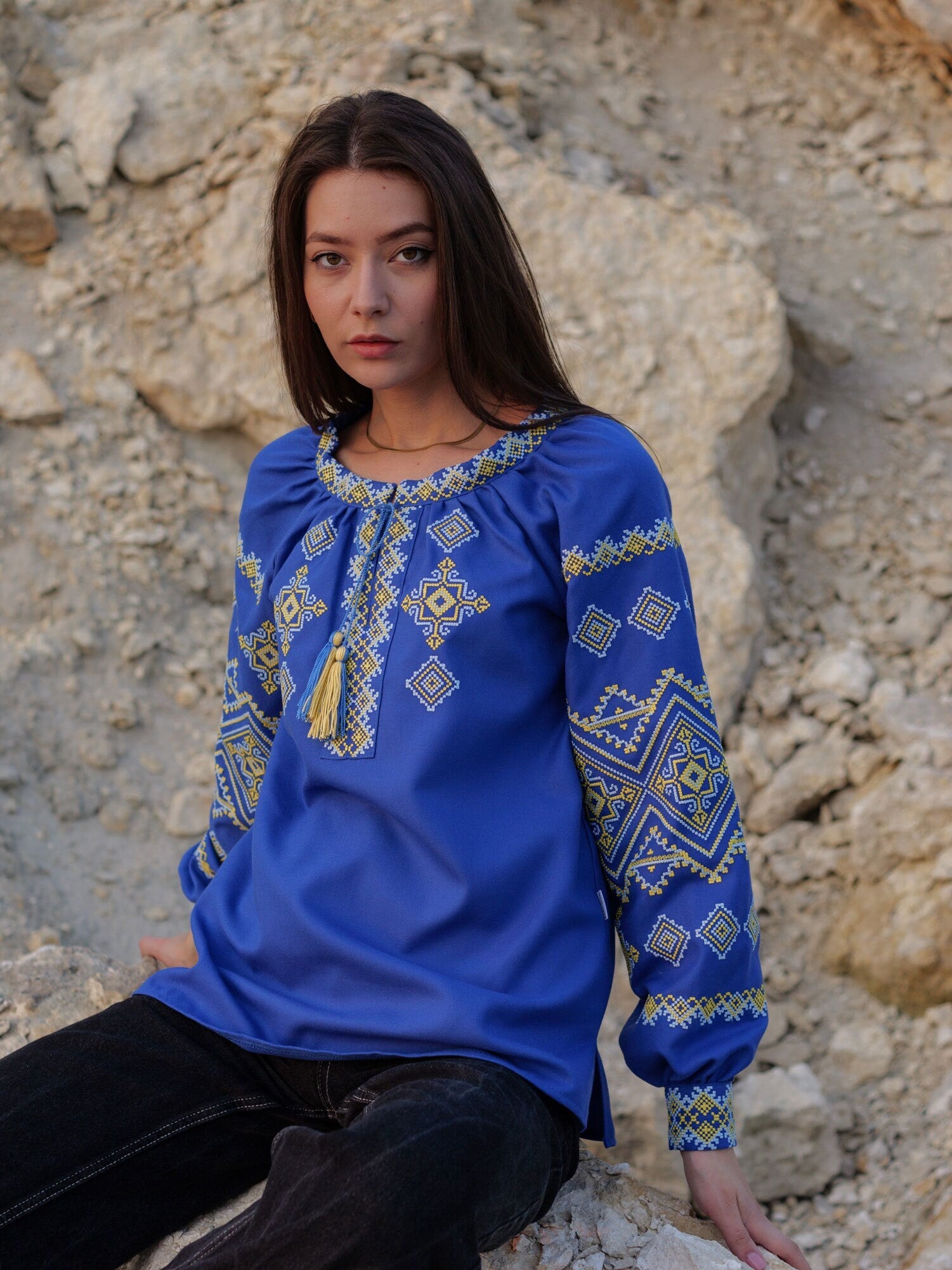 Ukrainian Vyshyvanka Blue Blouse with Embroidery | Bohemian Ethnic Shirt