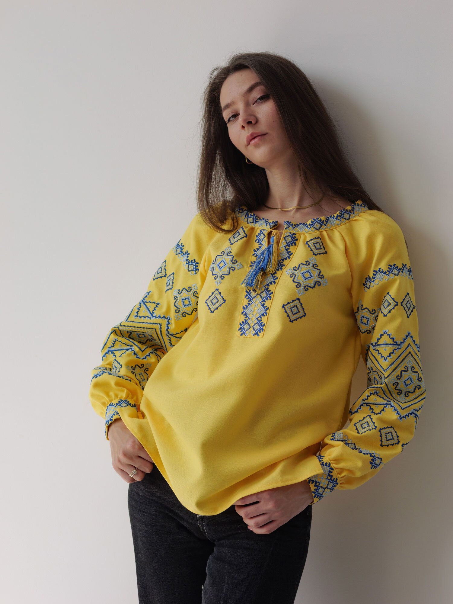 Yellow Ukrainian Vyshyvanka Blouse with Blue Embroidery - Bohemian Ethnic Shirt for Easter
