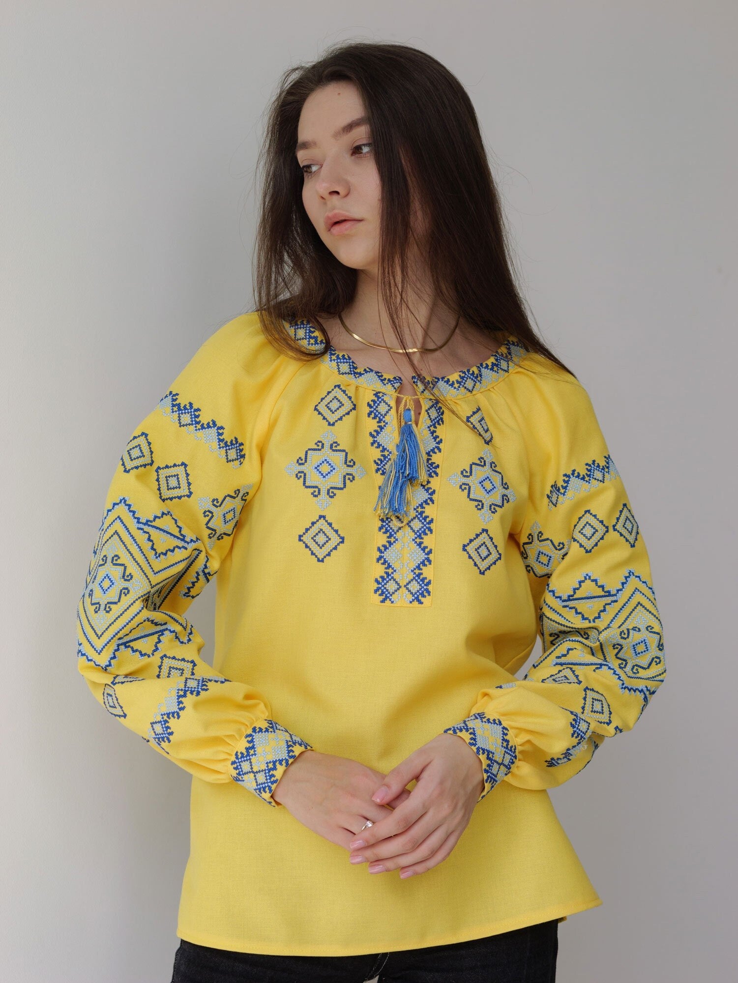 Yellow Ukrainian Vyshyvanka Blouse with Blue Embroidery - Bohemian Ethnic Shirt for Easter