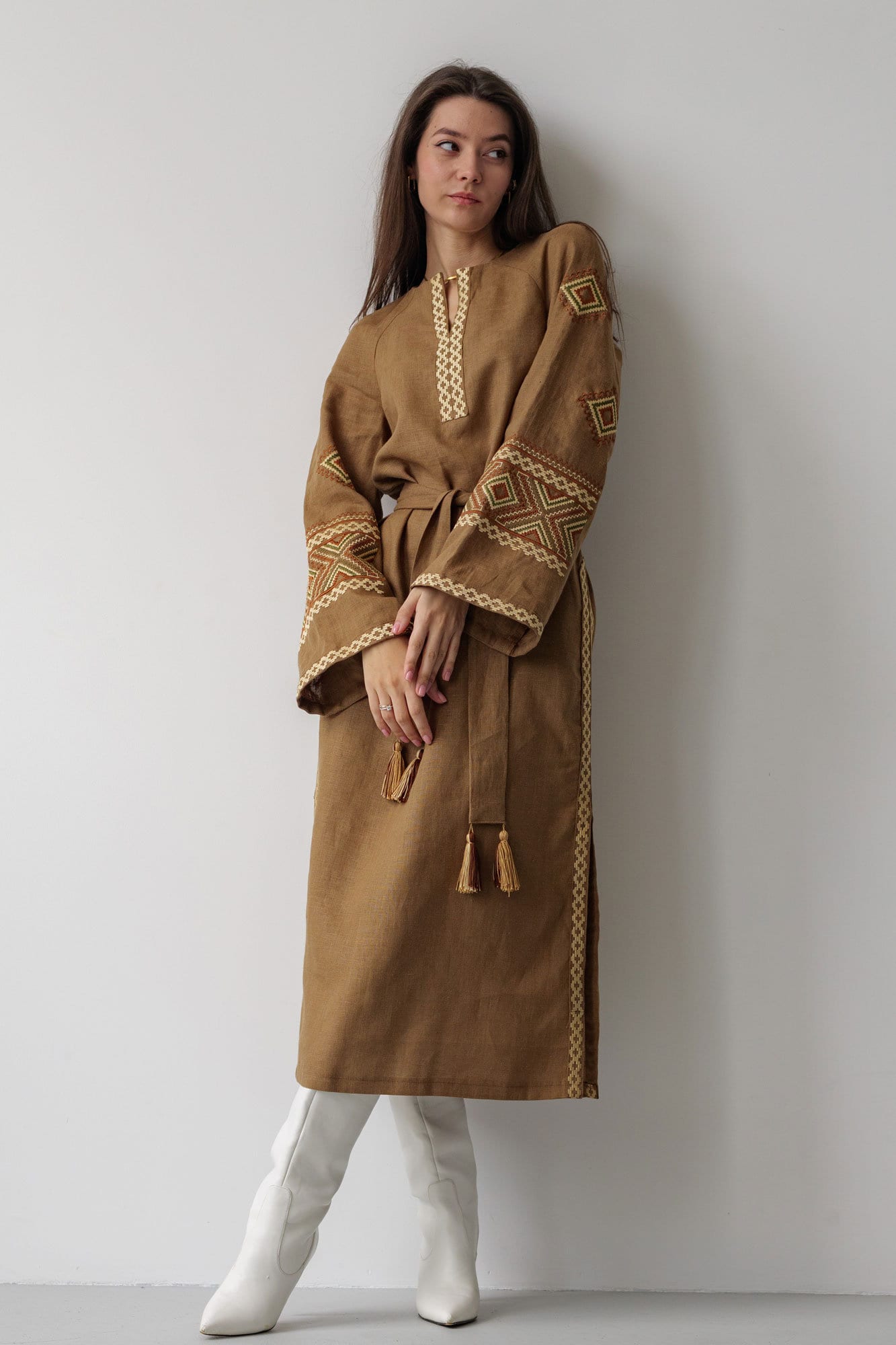 Vyshyvanka Linen Dress - Brown with Beige Embroidery for Girls