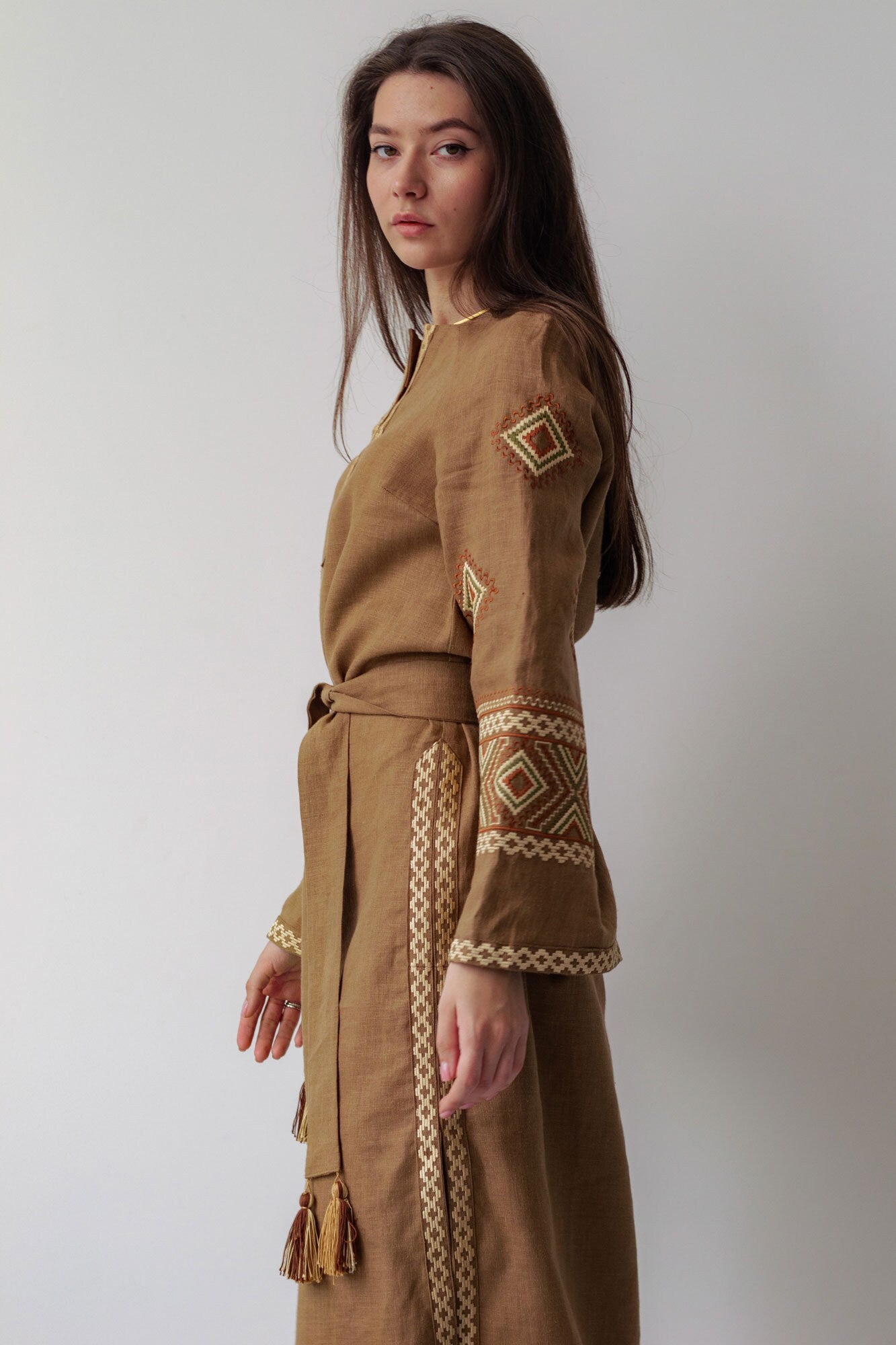 Vyshyvanka Linen Dress - Brown with Beige Embroidery for Girls