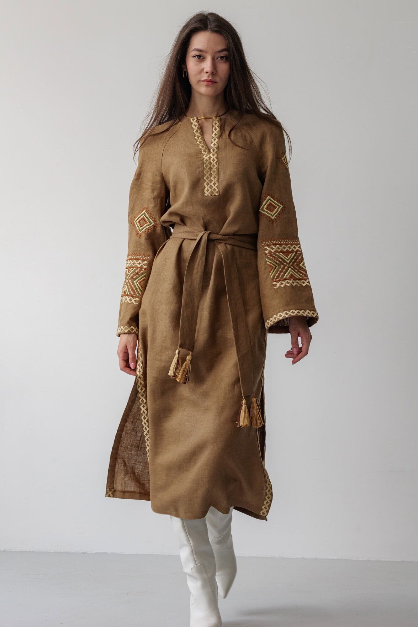 Vyshyvanka Linen Dress - Brown with Beige Embroidery for Girls