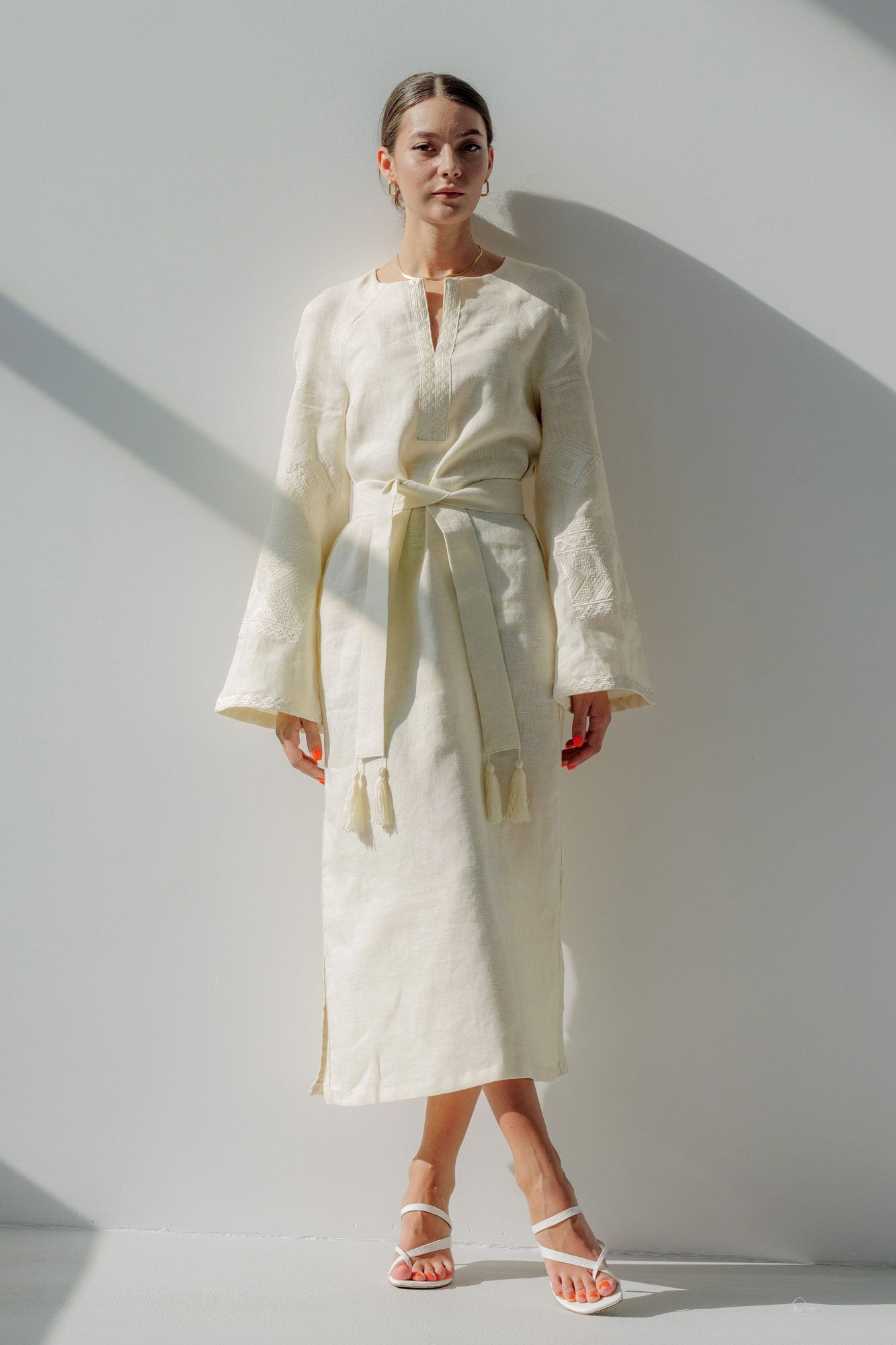 Mothers Day Milky Linen Vyshyvanka Dress with White Embroidery