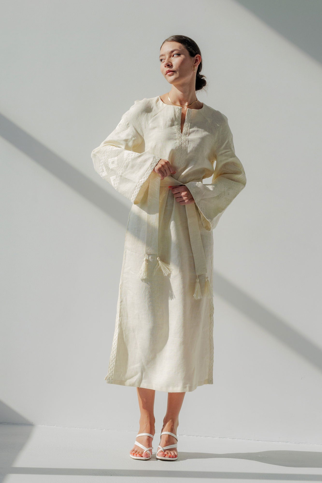 Mothers Day Milky Linen Vyshyvanka Dress with White Embroidery