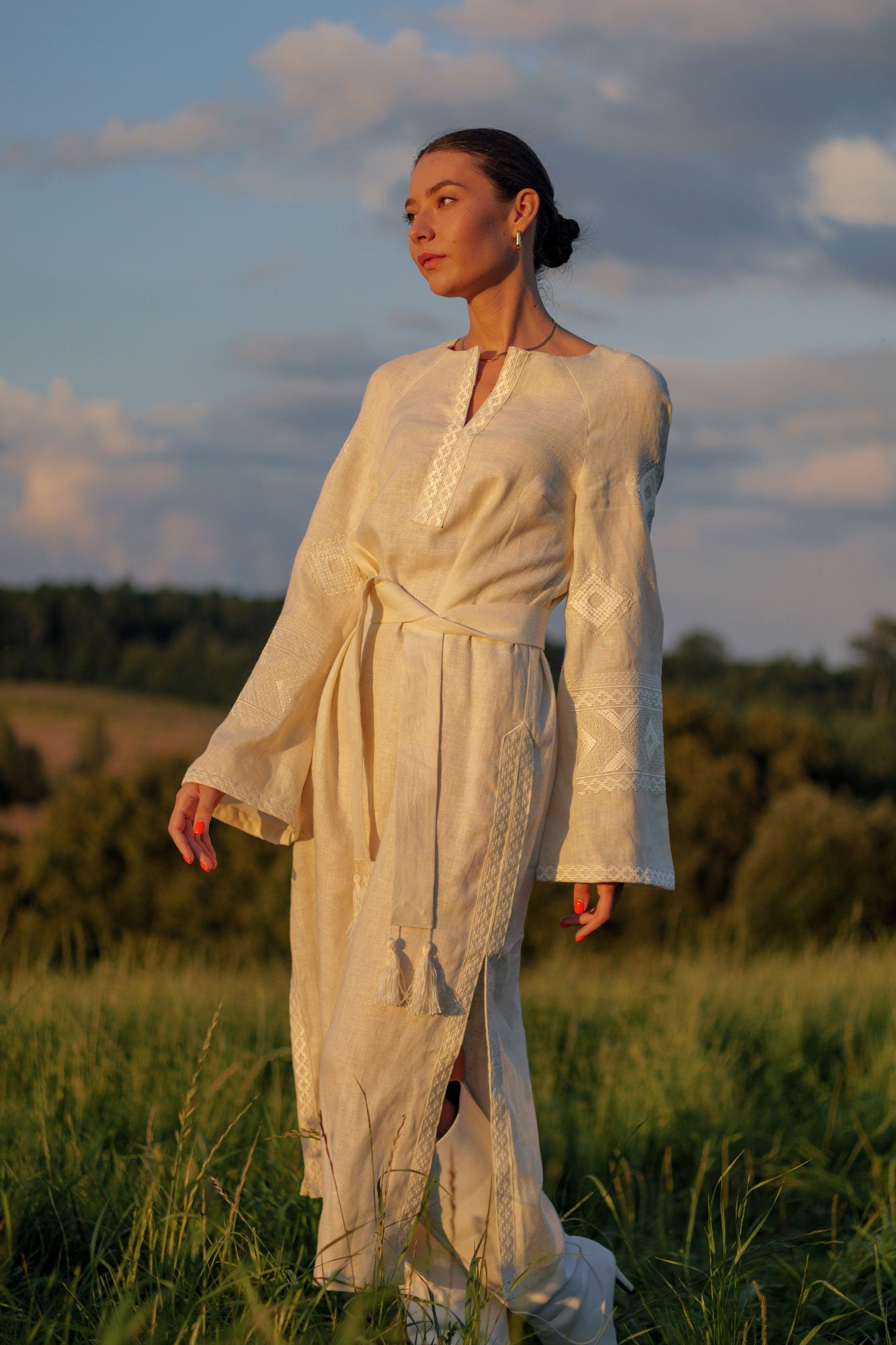 Mothers Day Milky Linen Vyshyvanka Dress with White Embroidery