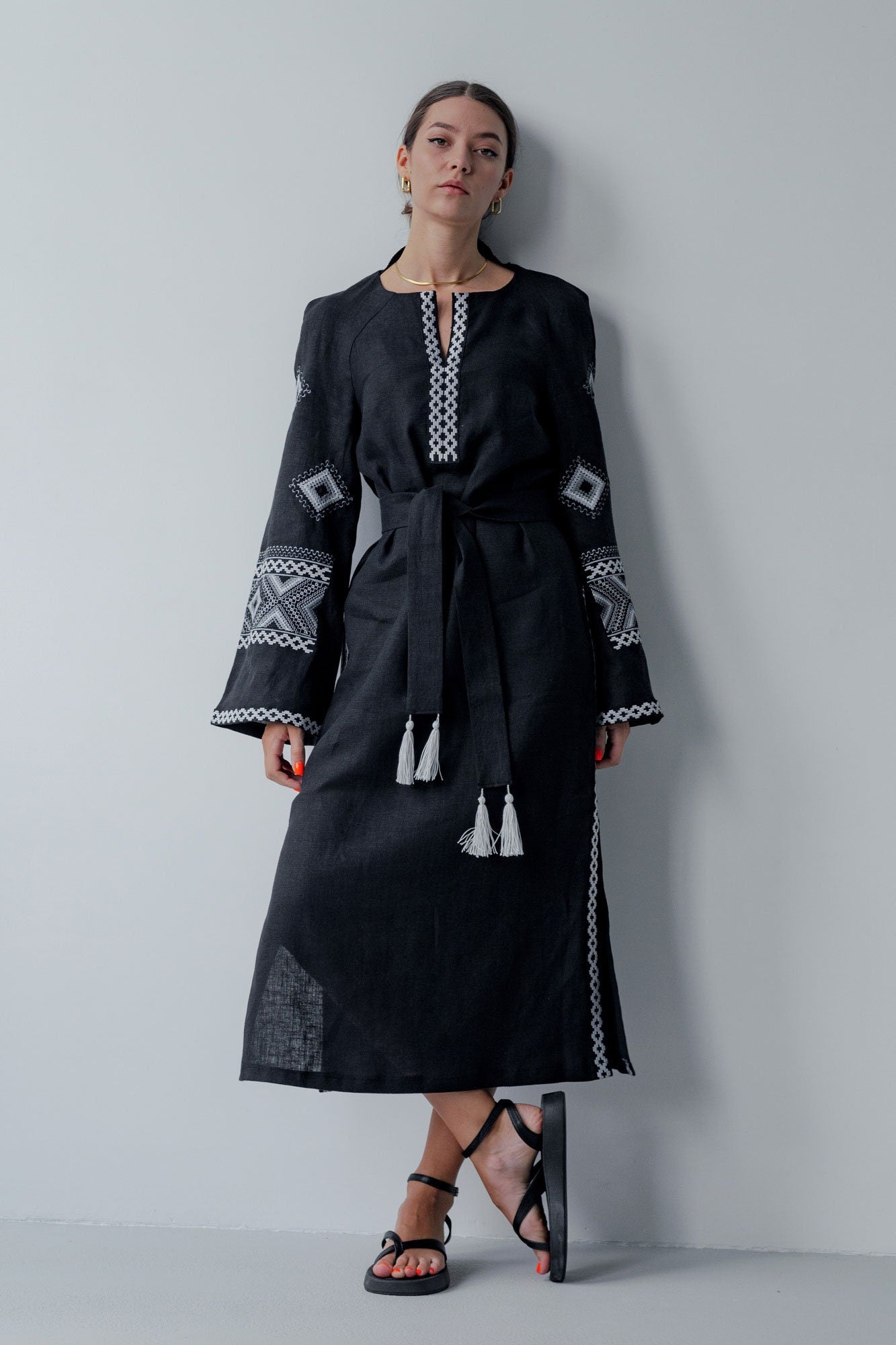 Mothers Day Black Linen Vyshyvanka Dress with Gray Embroidery