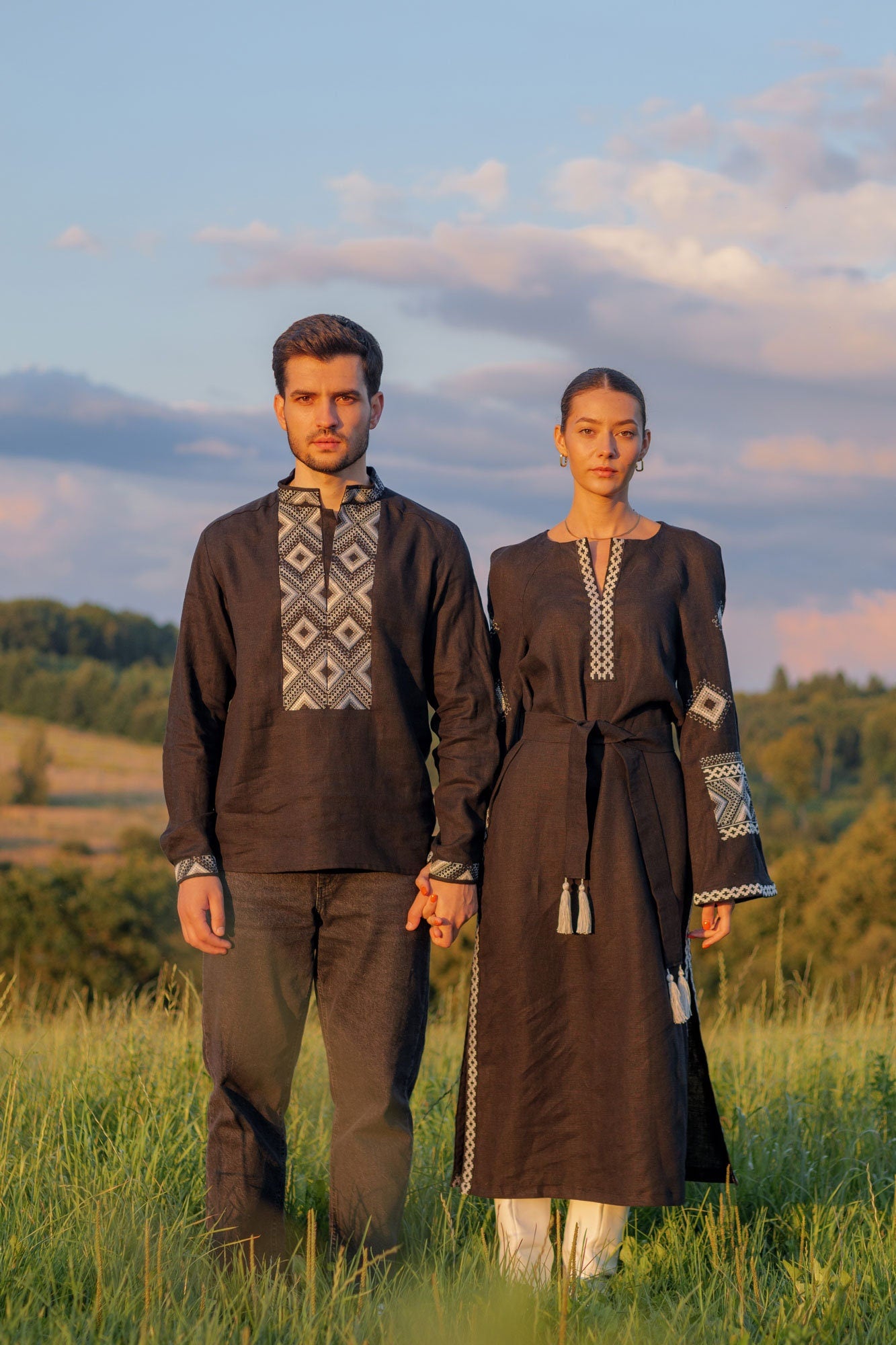 Mothers Day Black Linen Vyshyvanka Dress with Gray Embroidery