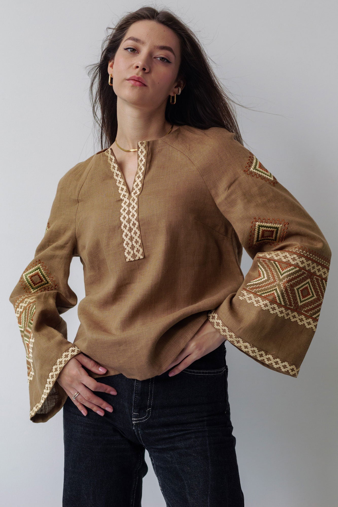 Brown Ukrainian Vyshyvanka Blouse with Beige Embroidery – Bohemian Ethnic Shirt for Easter
