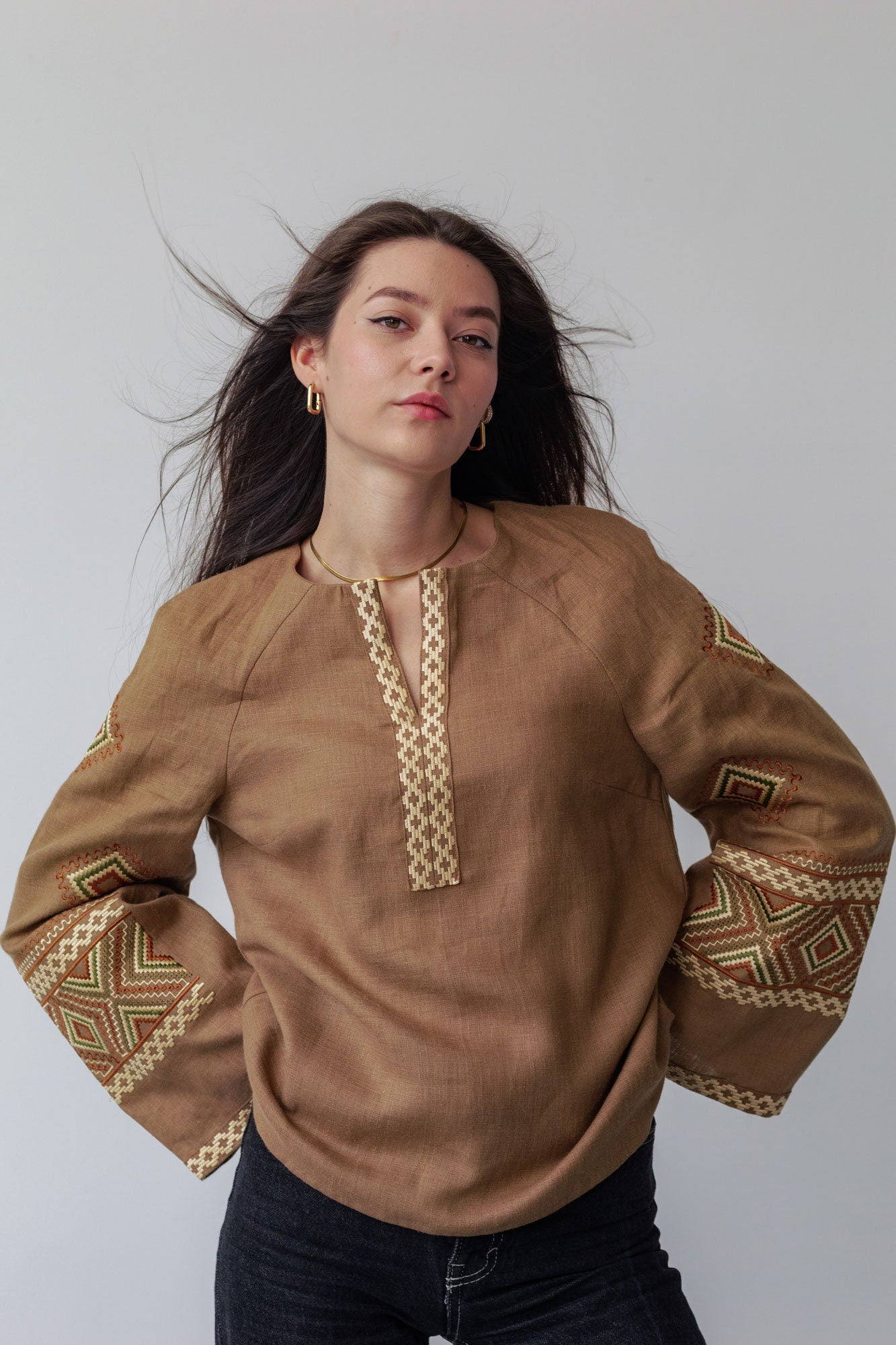 Brown Ukrainian Vyshyvanka Blouse with Beige Embroidery – Bohemian Ethnic Shirt for Easter