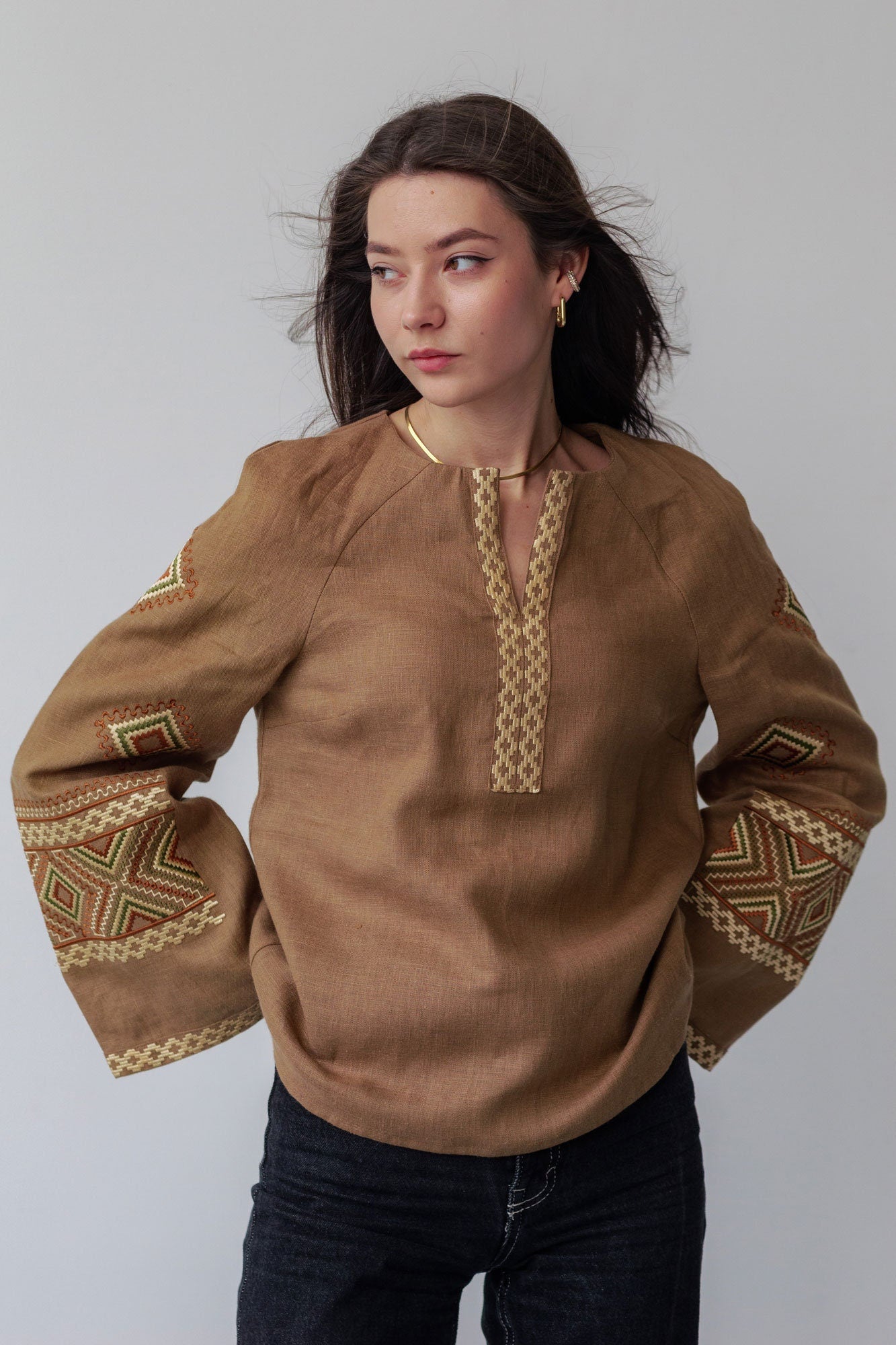 Brown Ukrainian Vyshyvanka Blouse with Beige Embroidery – Bohemian Ethnic Shirt for Easter