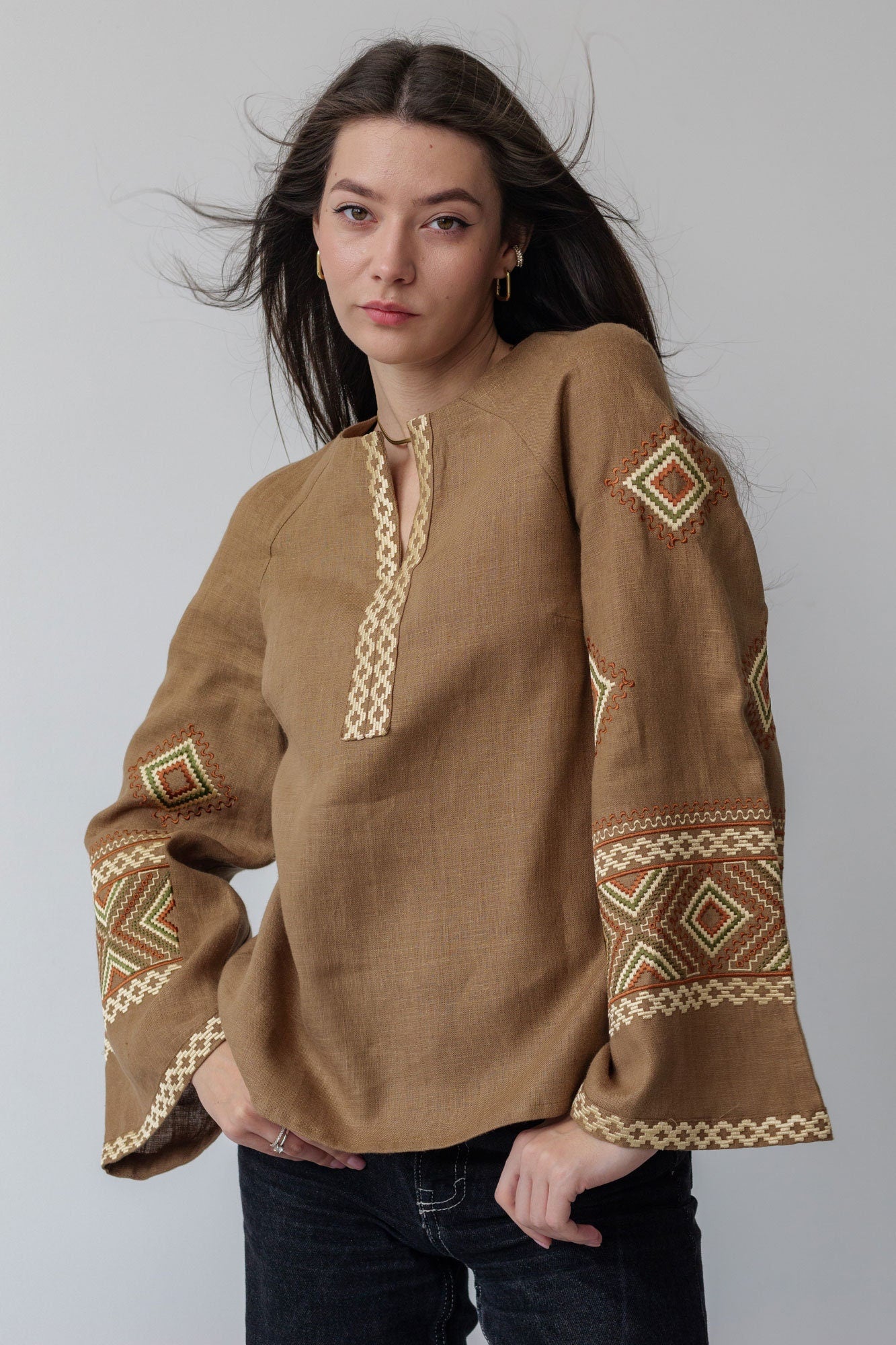 Brown Ukrainian Vyshyvanka Blouse with Beige Embroidery – Bohemian Ethnic Shirt for Easter