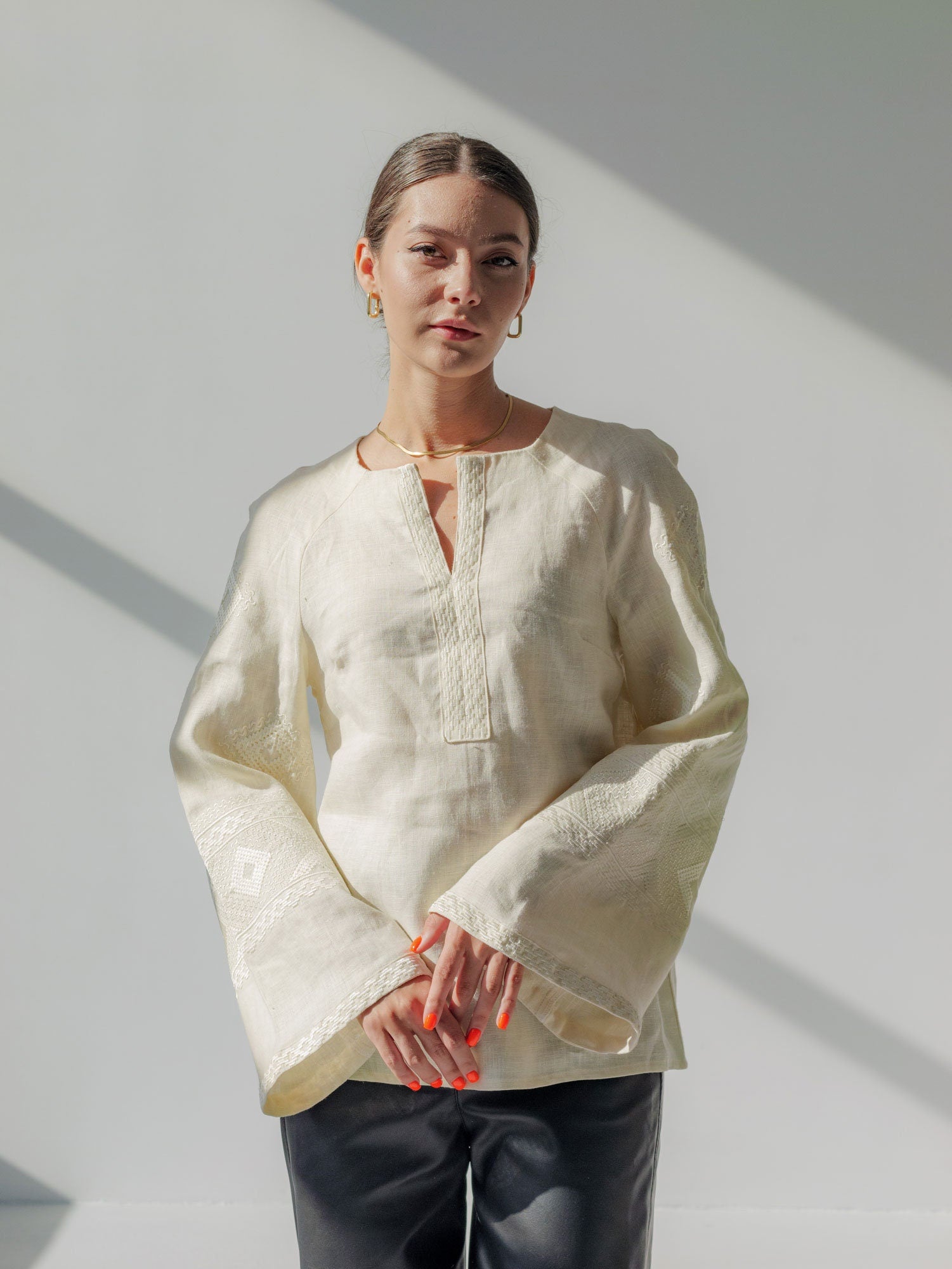 Milky Ukrainian Vyshyvanka Blouse with White Embroidery - Bohemian Ethnic Shirt