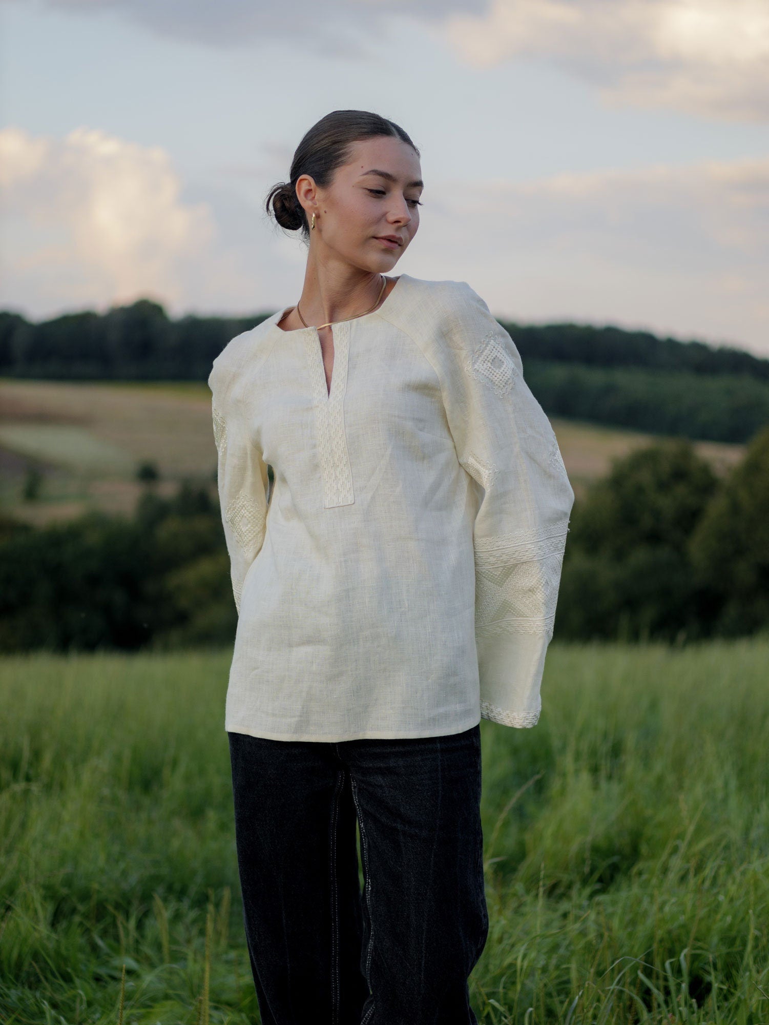 Milky Ukrainian Vyshyvanka Blouse with White Embroidery - Bohemian Ethnic Shirt