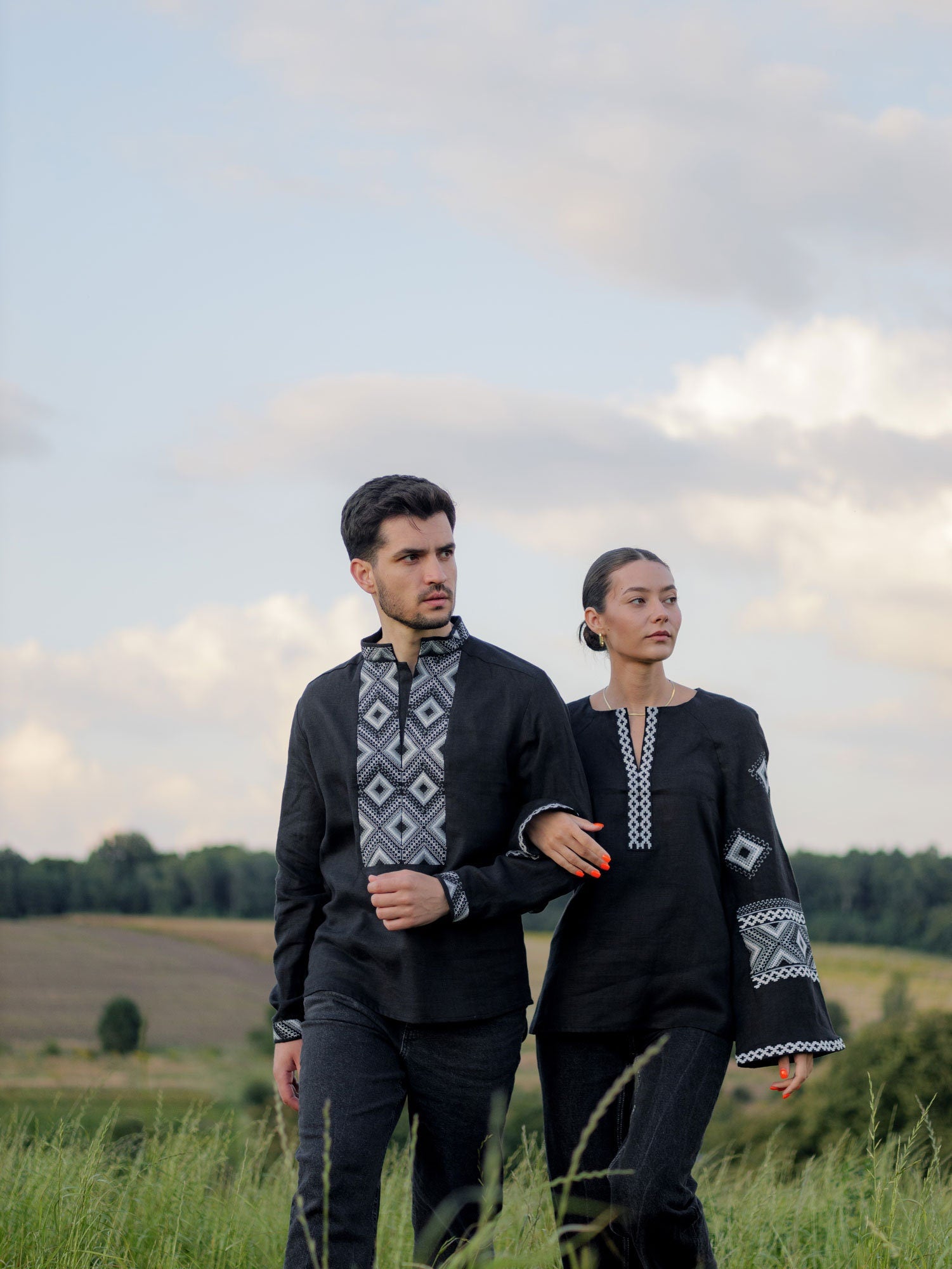 Black Ukrainian Vyshyvanka Blouse with Gray Embroidery - Bohemian Ethnic Shirt