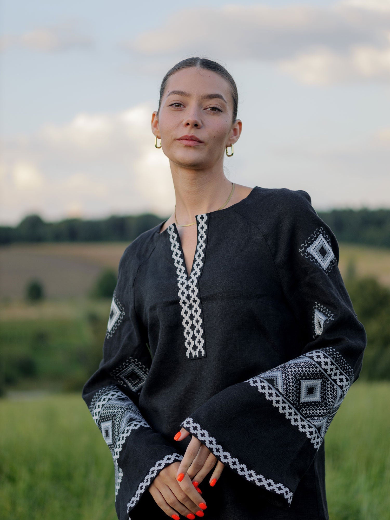 Black Ukrainian Vyshyvanka Blouse with Gray Embroidery - Bohemian Ethnic Shirt for Mother's Day 2024