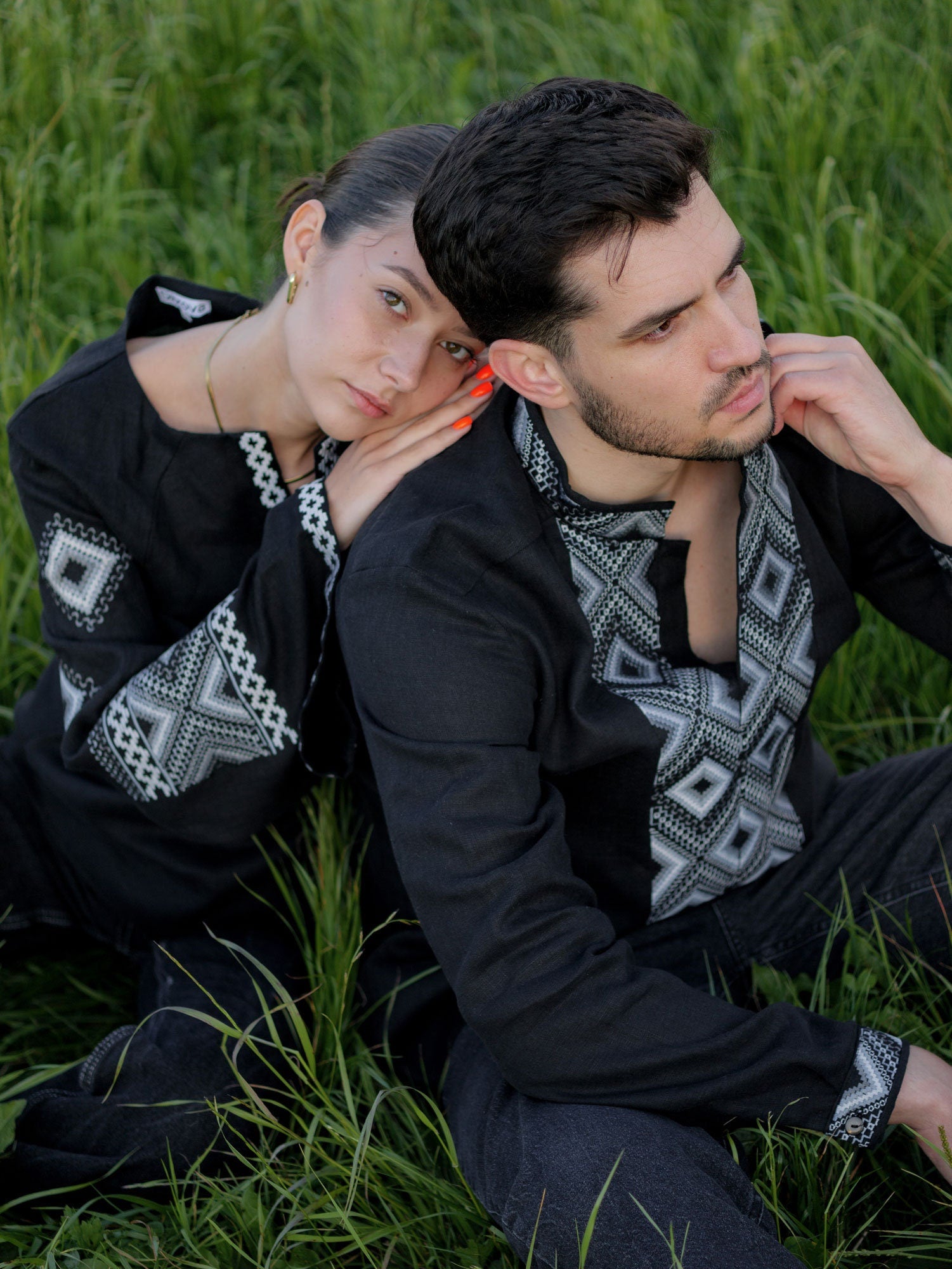 Black Ukrainian Vyshyvanka Blouse with Gray Embroidery - Bohemian Ethnic Shirt