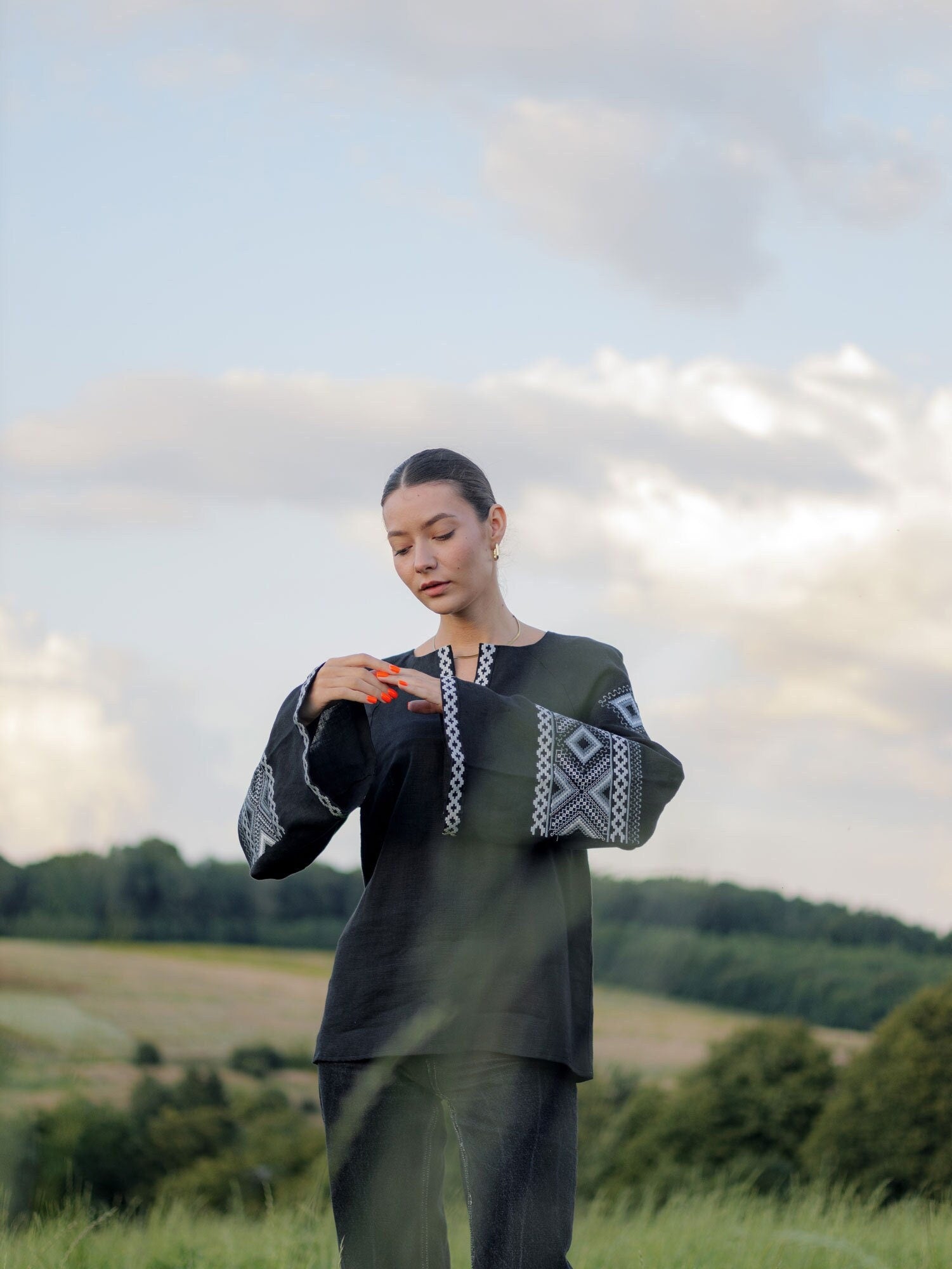 Black Ukrainian Vyshyvanka Blouse with Gray Embroidery - Bohemian Ethnic Shirt
