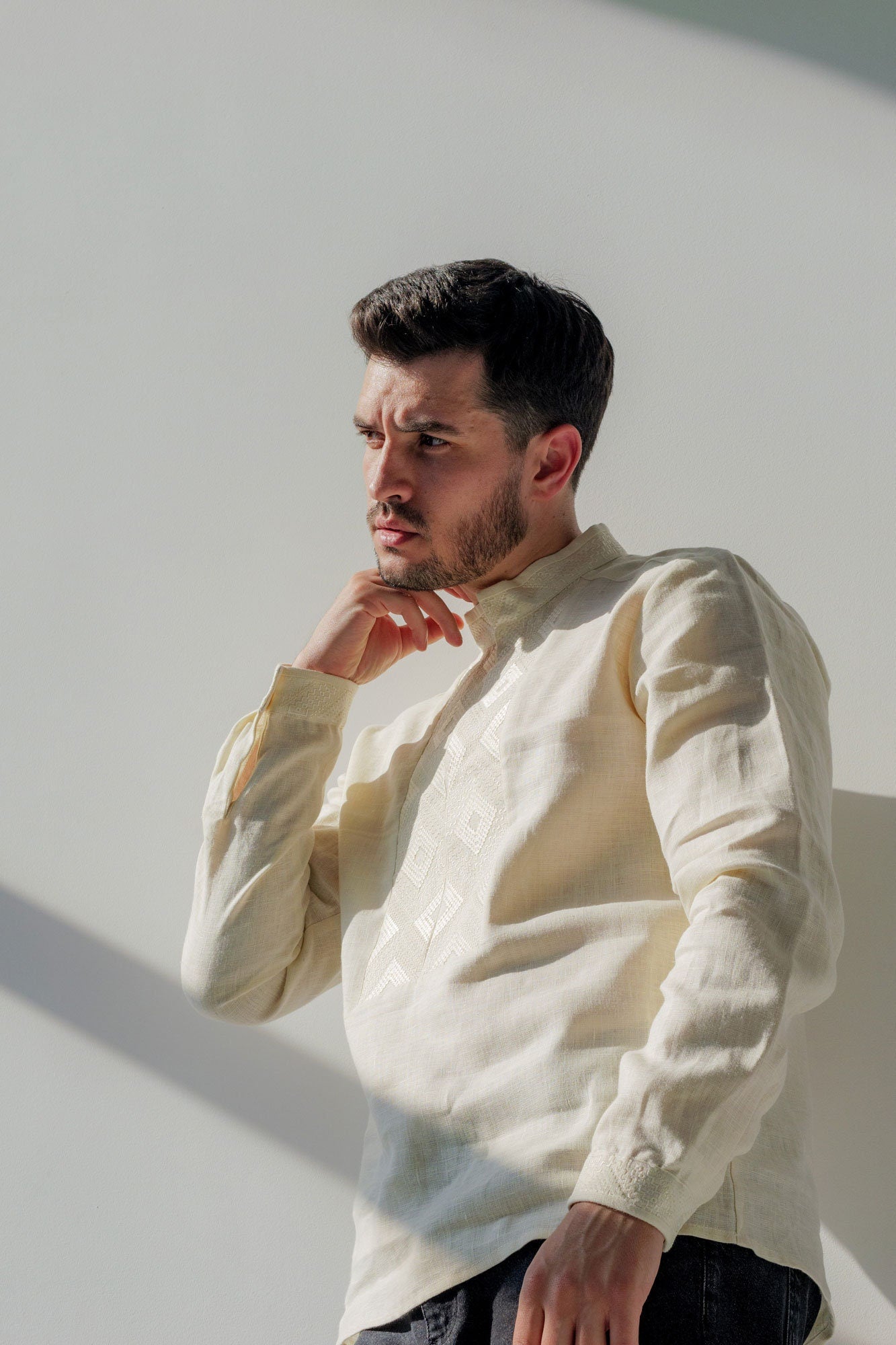 Milky Linen Embroidered Vyshyvanka Shirt for Men - Traditional Ukrainian Style