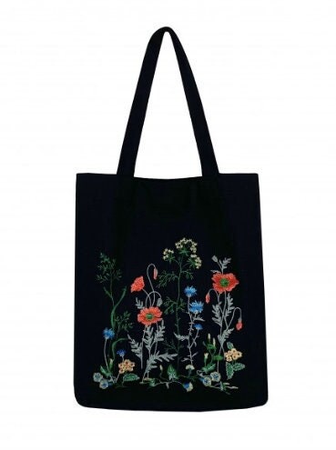 Black Ukrainian Linen Boho Shoulder Bag – Embroidered Floral Hippie Tote