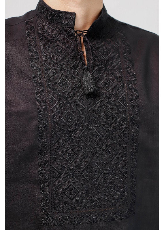 Black Ukrainian Embroidered Vyshyvanka for Men - Traditional Linen Shirt