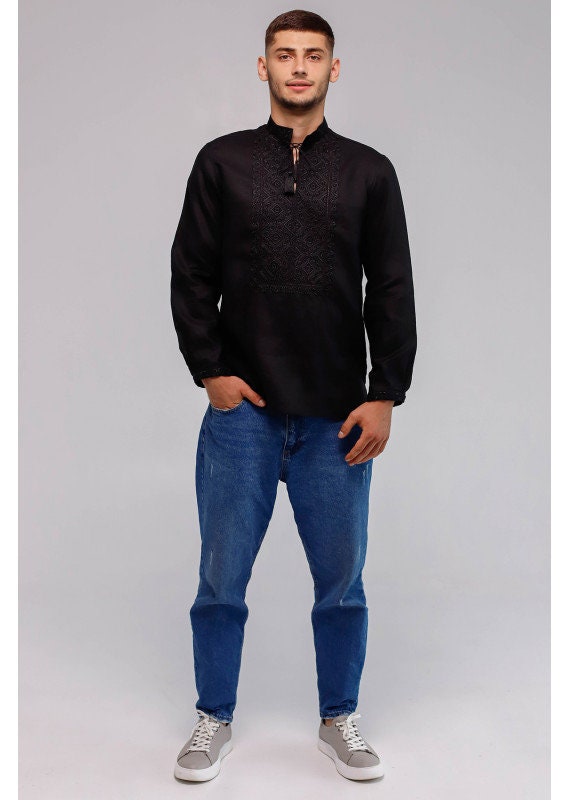 Black Ukrainian Embroidered Vyshyvanka for Men - Traditional Linen Shirt