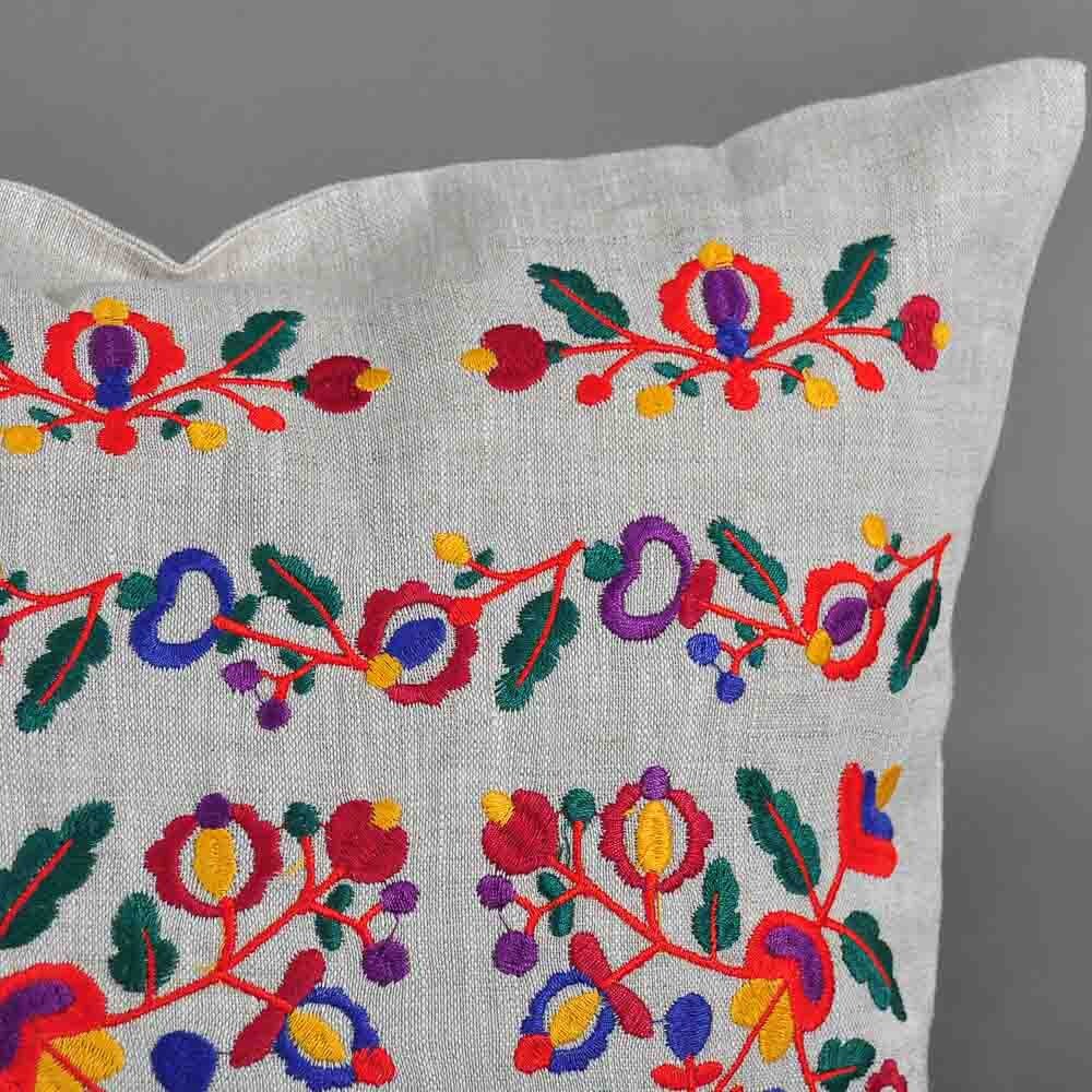 Embroidered Ukrainian Floral Pillowcase 40x40cm in Gray Linen
