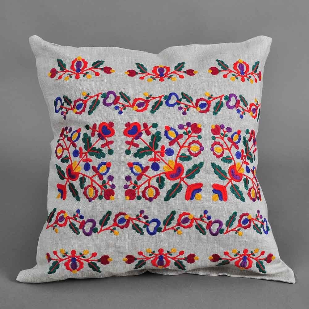 Embroidered Ukrainian Floral Pillowcase 40x40cm in Gray Linen