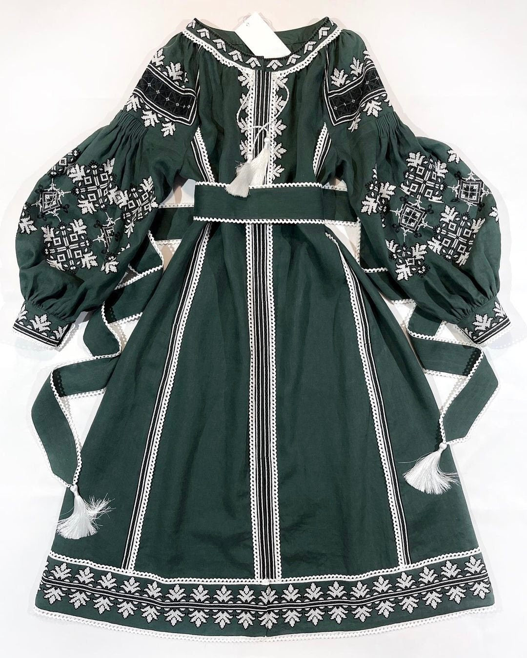 Green Ukrainian Vyshyvanka Embroidered Linen Dress - Boho Style