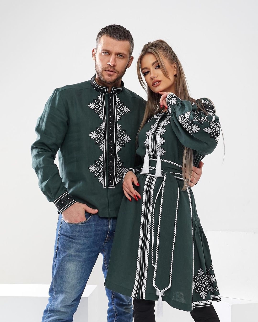 Green Ukrainian Vyshyvanka Embroidered Linen Dress - Boho Style