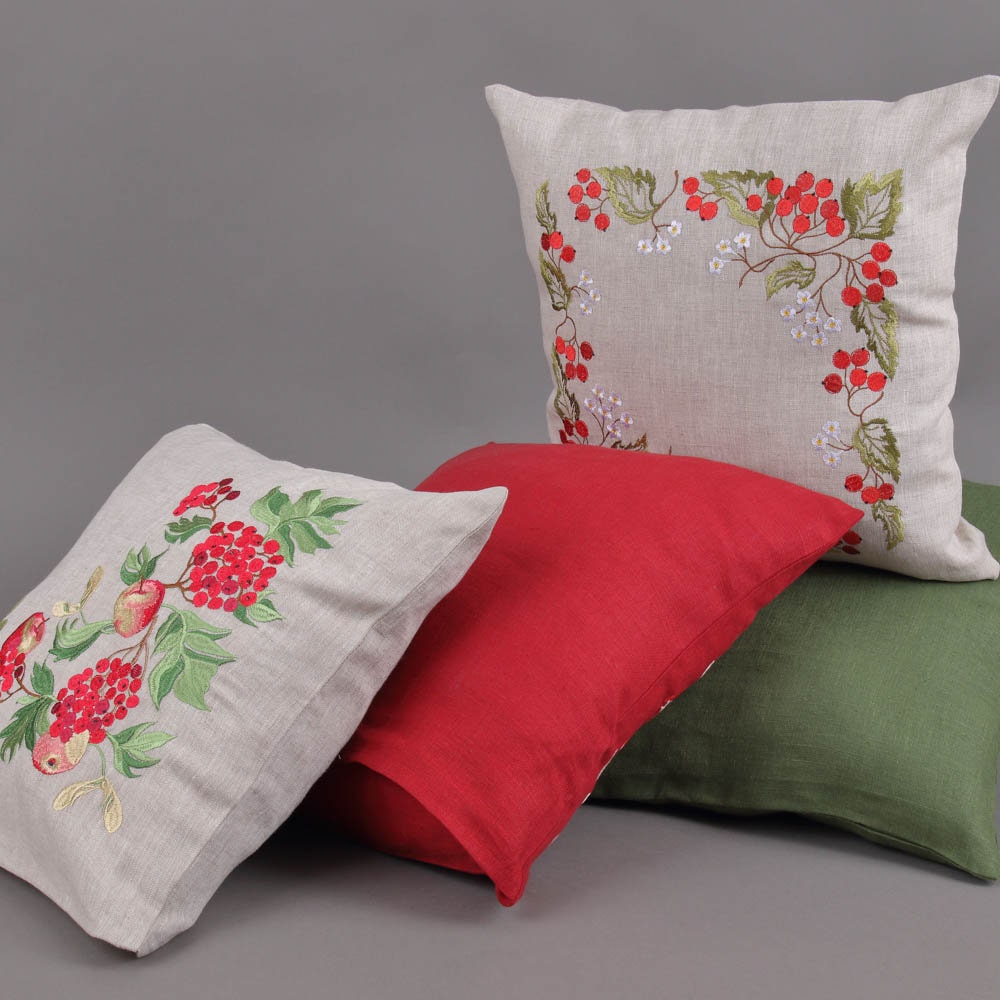 Ukrainian Embroidered Pillowcases 40x40 CM, Guelder Rose Design (Gray Linen)