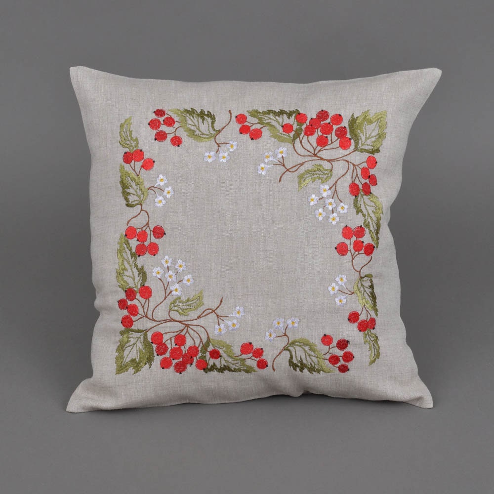 Ukrainian Embroidered Pillowcases 40x40 CM, Guelder Rose Design (Gray Linen)