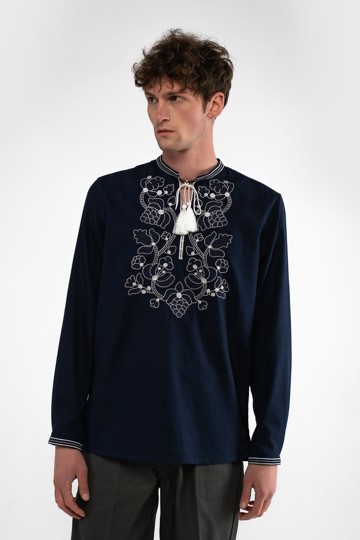Dark Blue Embroidered Vyshyvanka Shirt for Men - Traditional Ukrainian Style