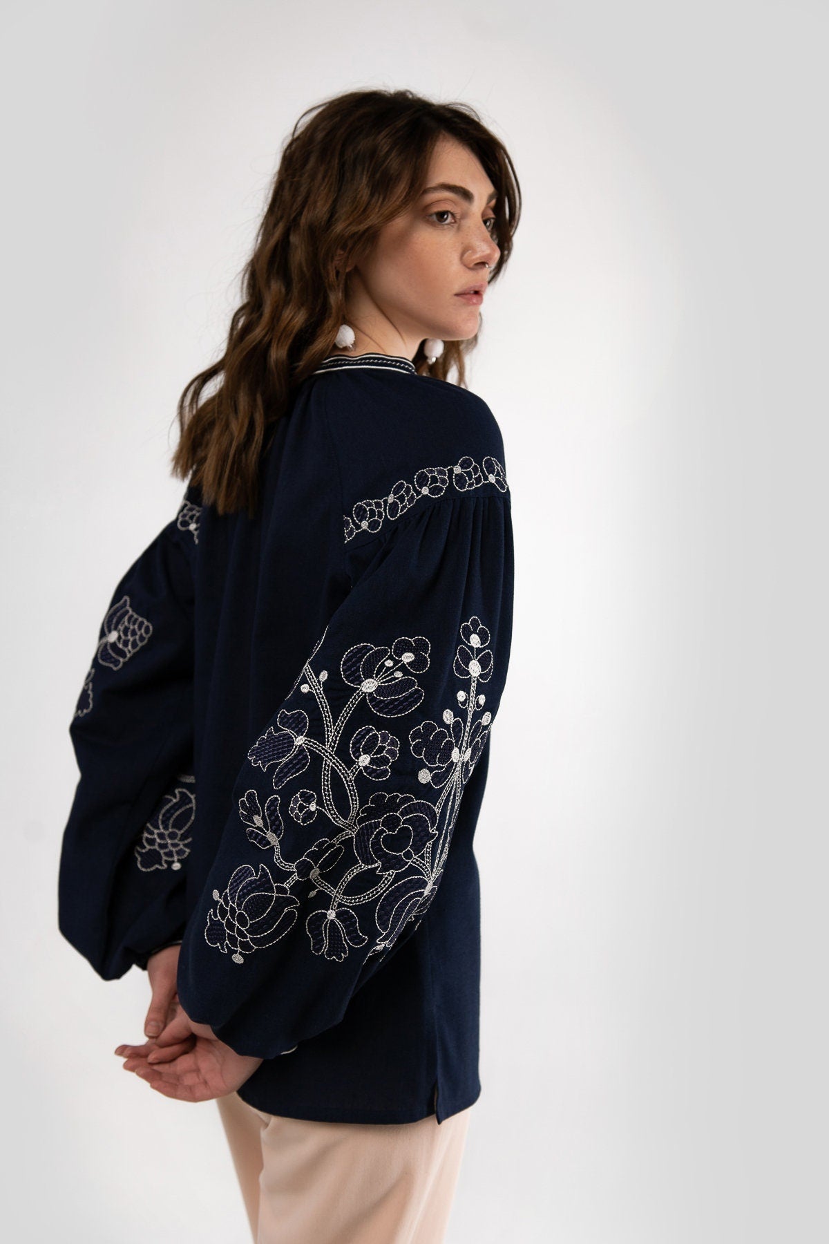 Dark Blue Ukrainian Vyshyvanka Blouse with White Embroidery - Bohemian Ethnic Shirt