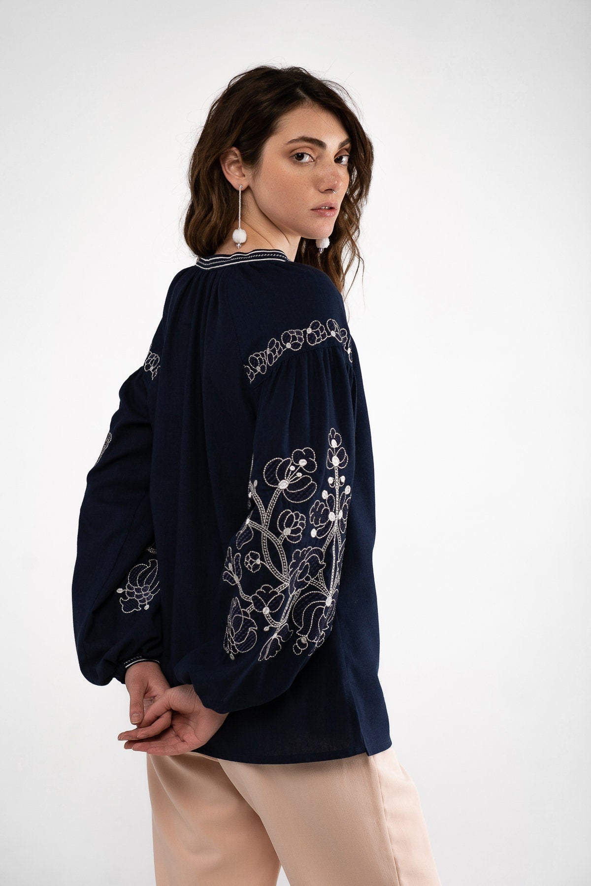 Dark Blue Ukrainian Vyshyvanka Blouse with White Embroidery - Bohemian Ethnic Shirt