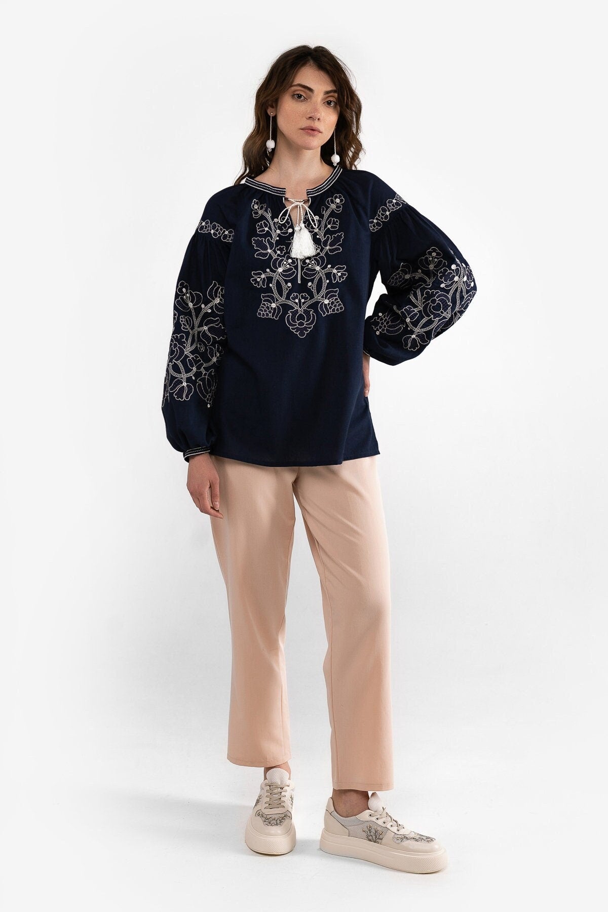 Dark Blue Ukrainian Vyshyvanka Blouse with White Embroidery - Bohemian Ethnic Shirt