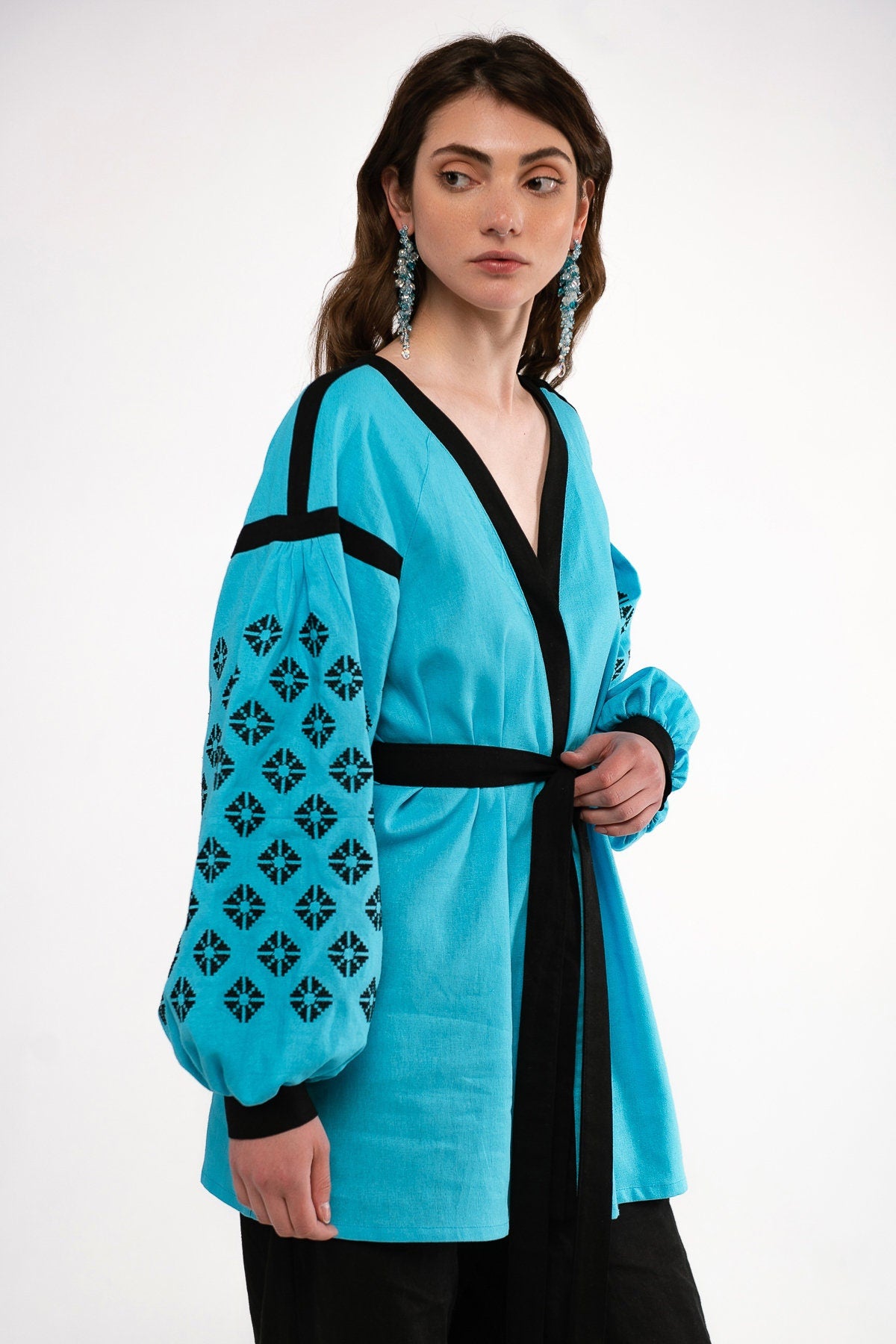 Ukrainian Vyshyvanka Blouse - Rich Blue with Black Embroidery Shirt