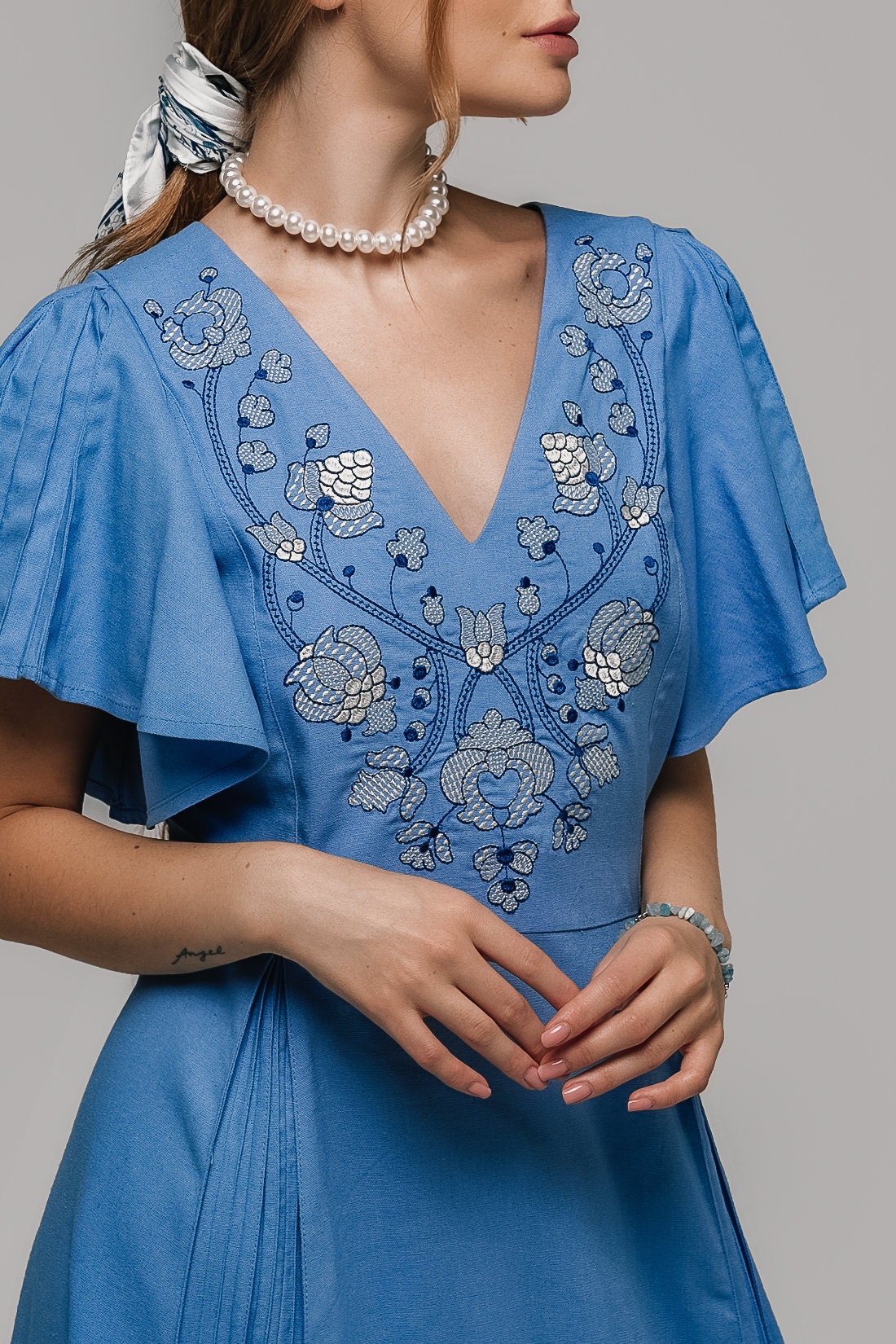Mothers Day Blue Linen Vyshyvanka Dress with Light Embroidery