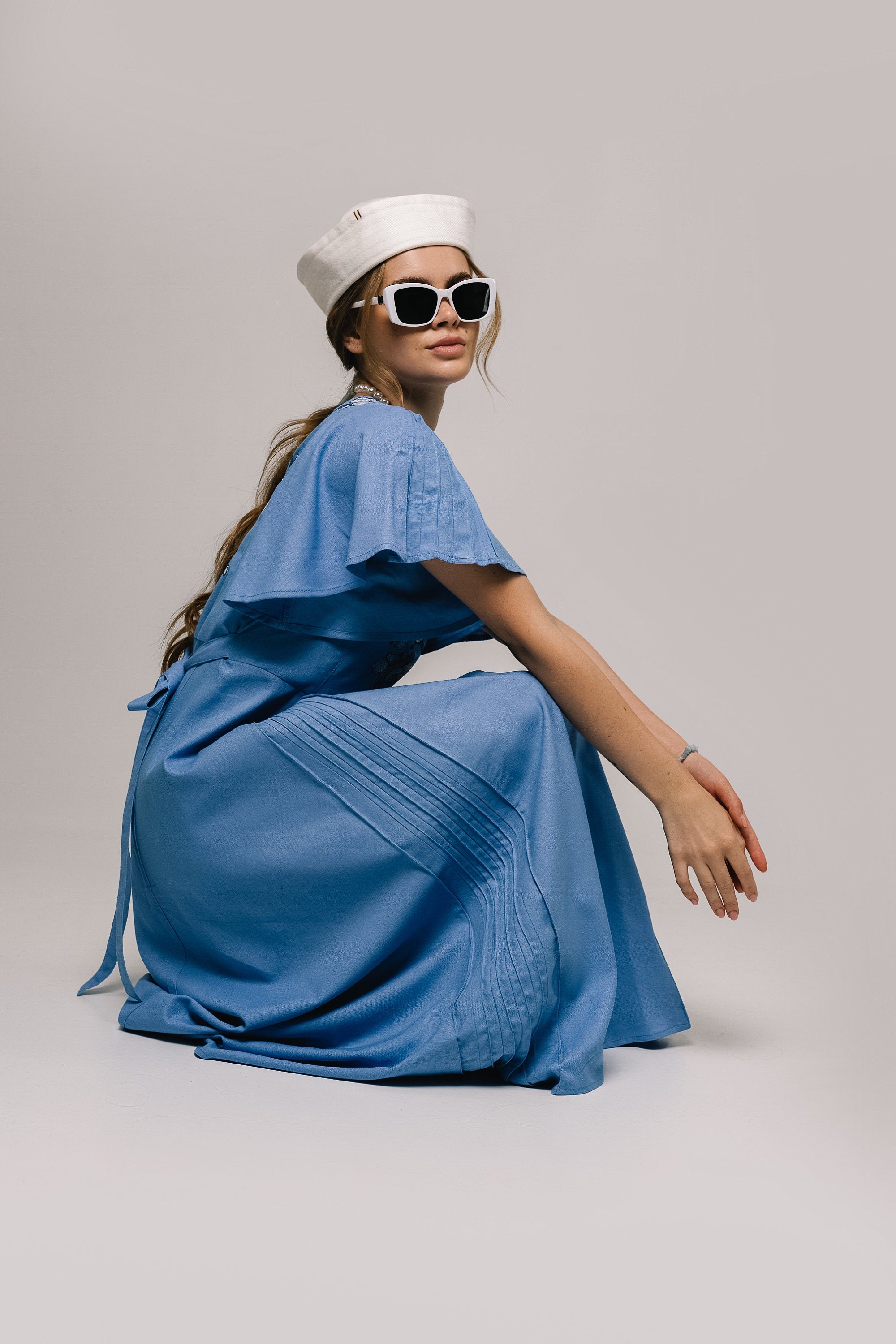 Mothers Day Blue Linen Vyshyvanka Dress with Light Embroidery