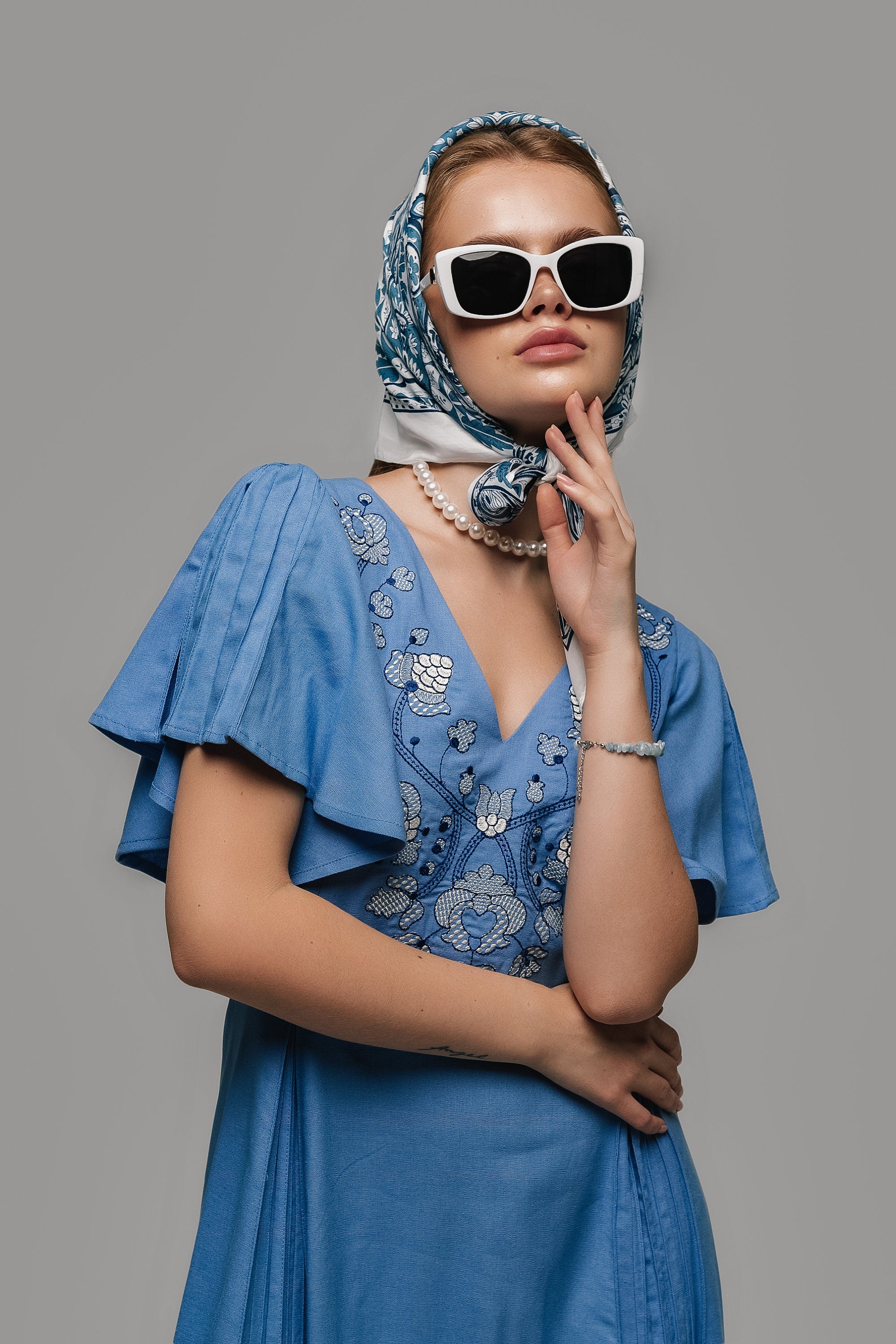 Mothers Day Blue Linen Vyshyvanka Dress with Light Embroidery