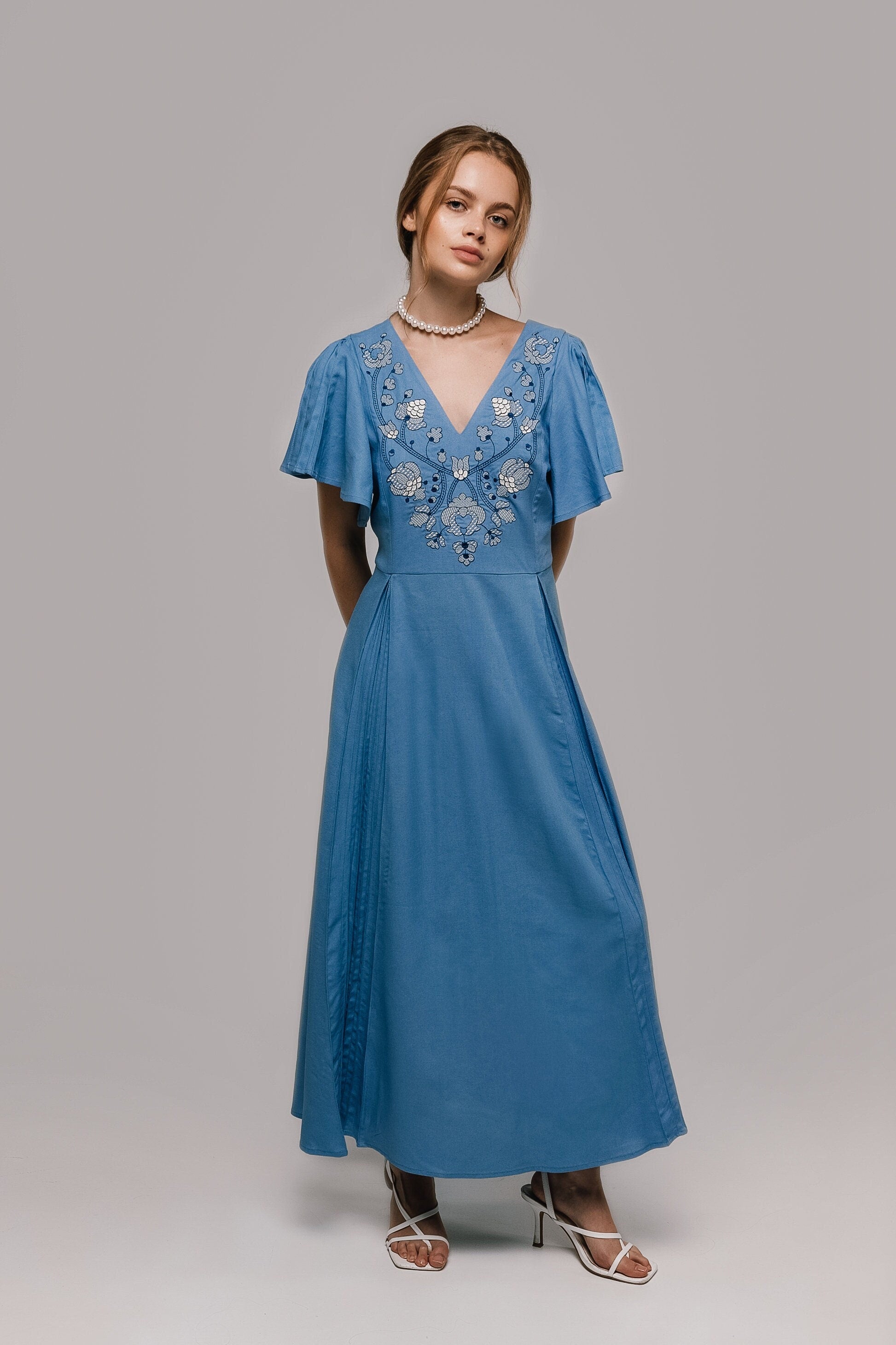 Mothers Day Blue Linen Vyshyvanka Dress with Light Embroidery